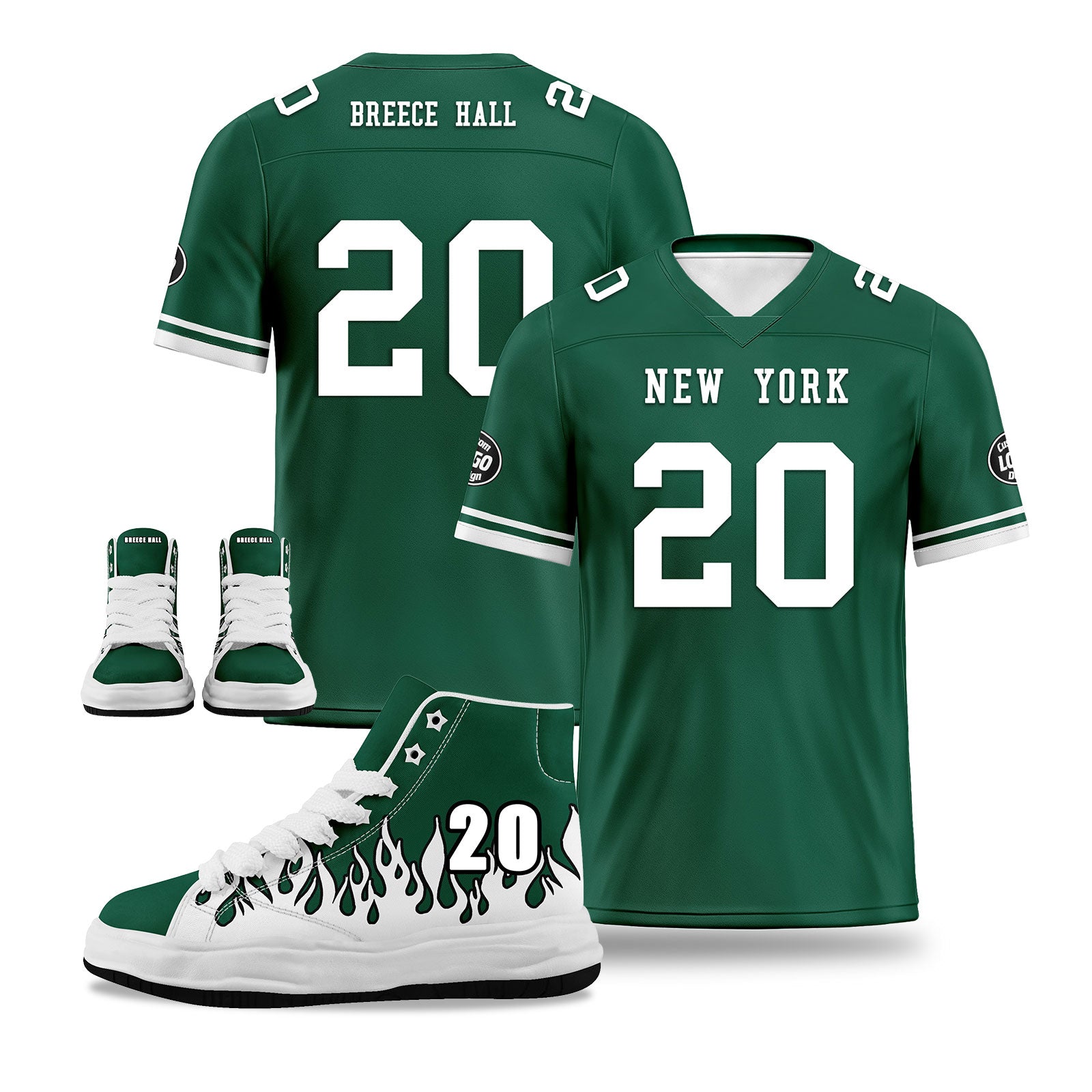 Custom Green & White New York Football Jersey with Firesoul Sports Shoes - Personalized Combo Set for Fans | Game Day Outfit, Team Spirit Wear, Sports Enthusiast Gift