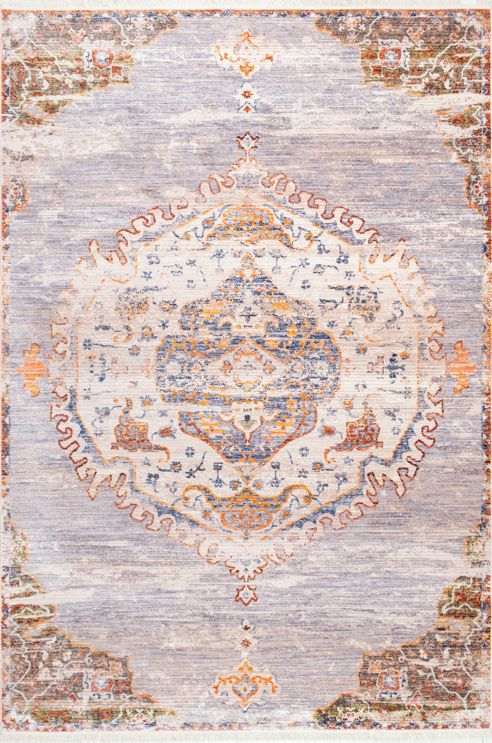 Frilly Ornate Medallion Fringe Rug - Soft Grey Bohemian Area Rug for Living Room, Bedroom & Nursery Decor