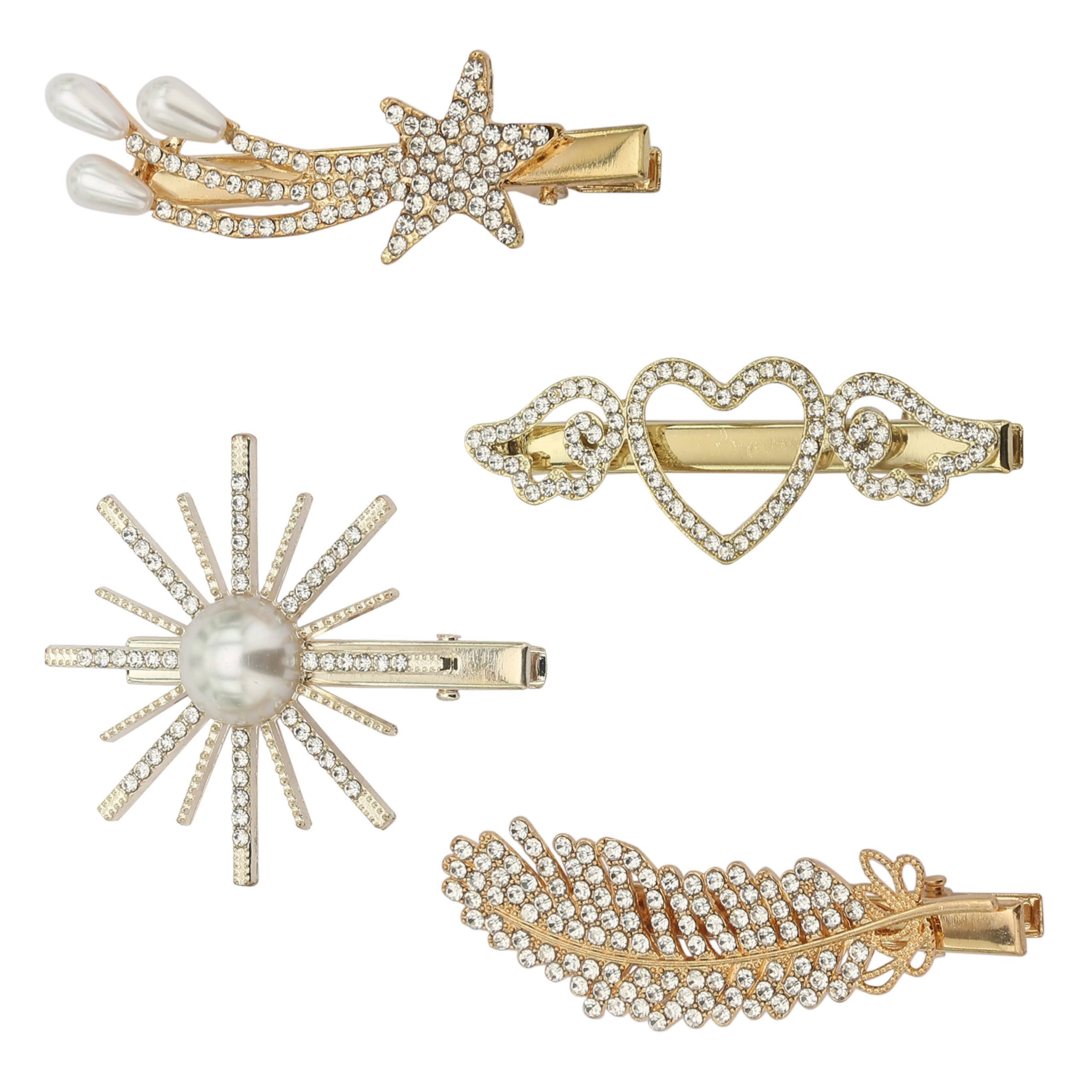 HOC® Pearl Metal Rhinestone Hair Clips for Women - Elegant Hair Pins & Barrettes Set of 4 (Silver & Gold) - Perfect for Weddings, Anniversaries, Parties & Special Occasions