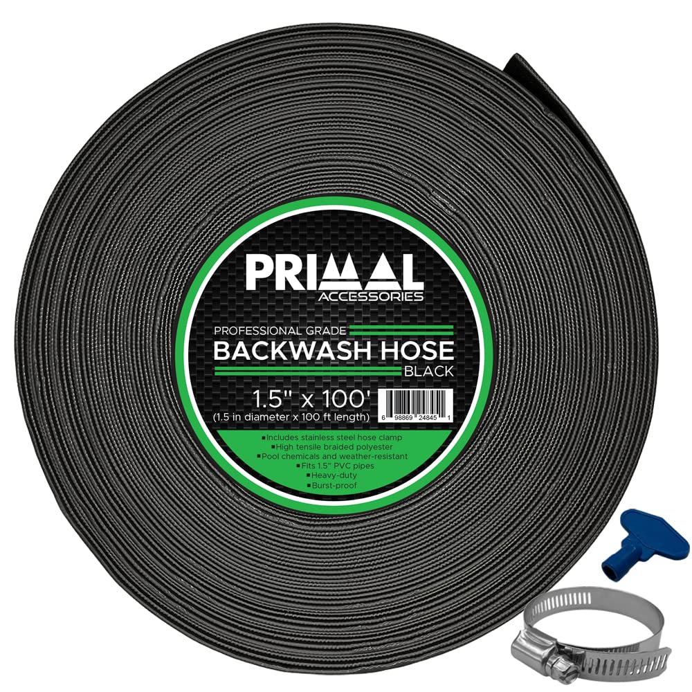 Commercial Grade Backwash Hose 1.5 inch x 100 feet, 3 Bar / 43.5 psi - Heavy Duty Black Pool Filter Hose for Sand Filters, Above Ground Pools, and Spa Maintenance