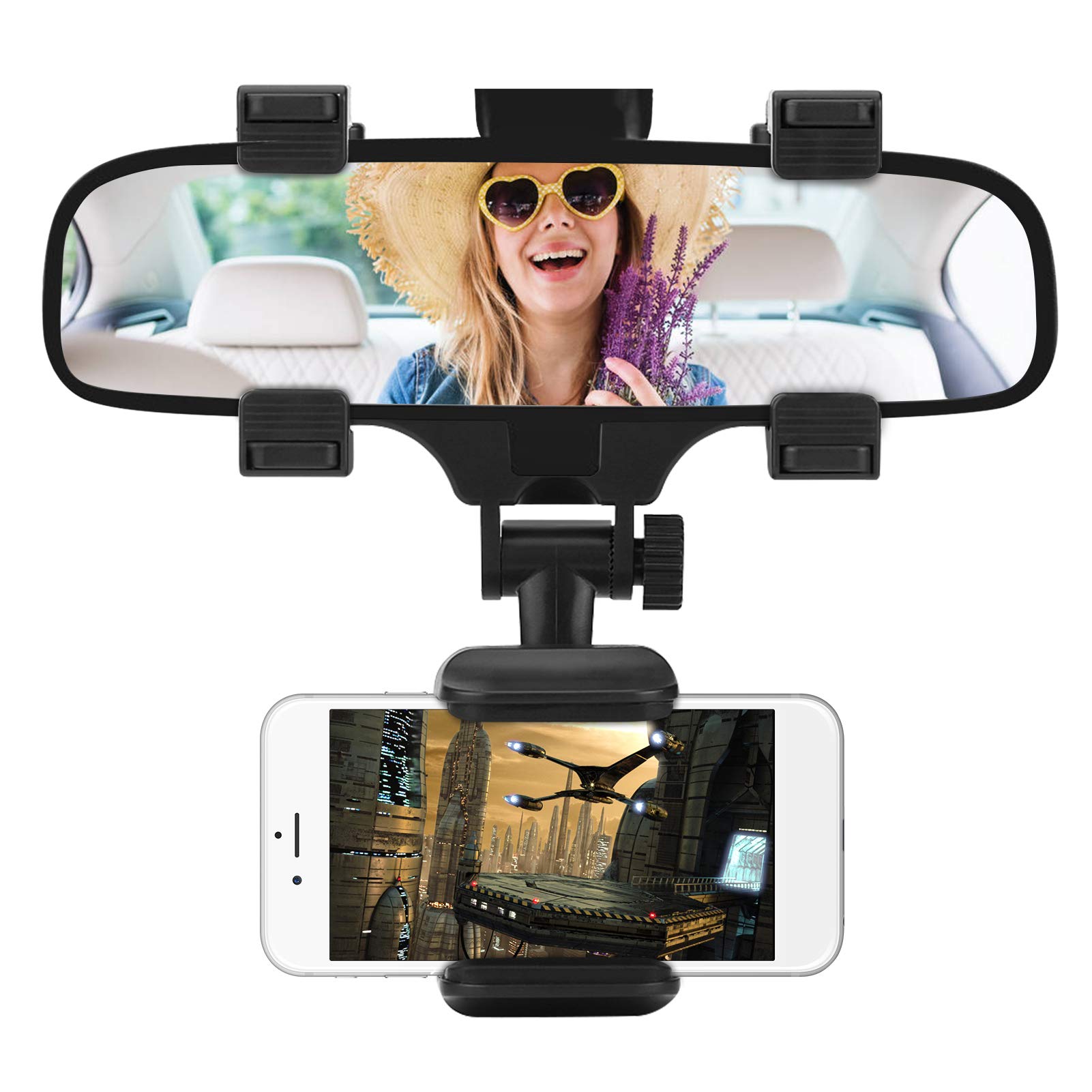 Universal Car Rear View Mirror Phone Mount Holder - Adjustable Stand for Most Phones 1.95-3.55inch Wide - Perfect for GPS Navigation, Rideshare Driving & Hands-Free Calling