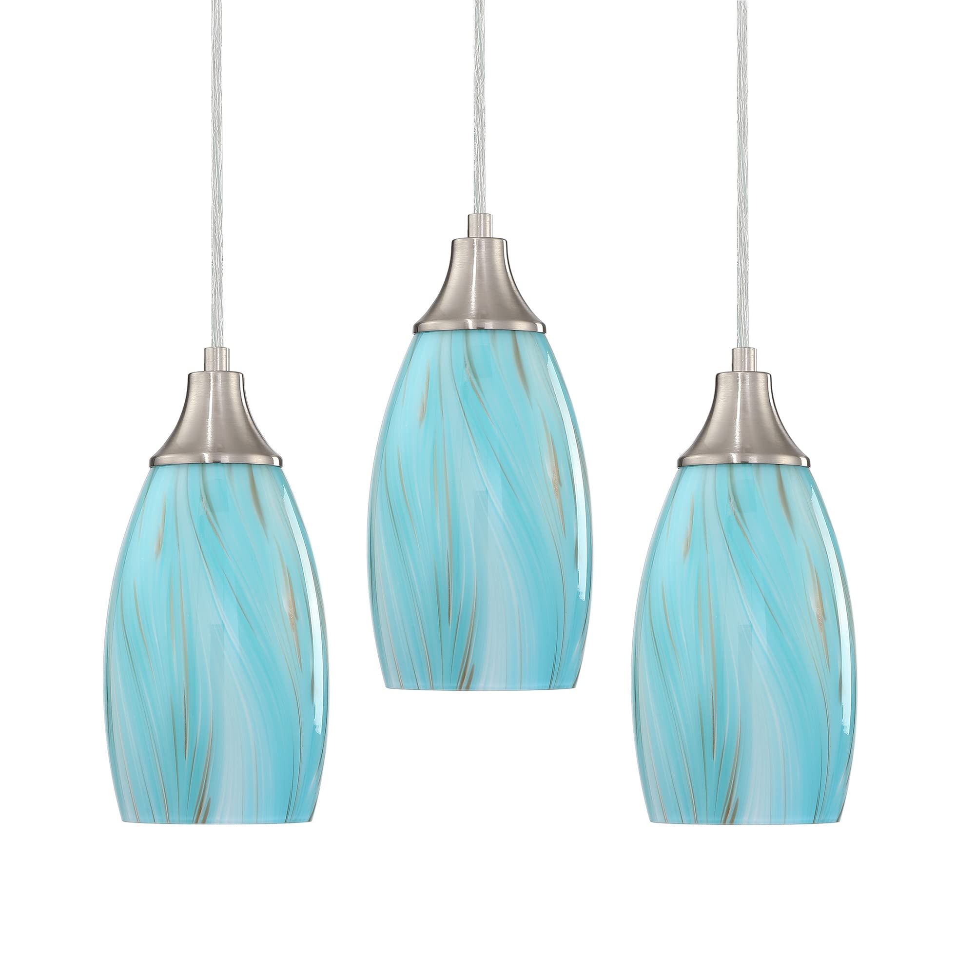 Handcrafted Teal and Gold Mini Art Glass Pendant Lights - 3 Pack Adjustable Hanging Lamps with Brushed Nickel Finish for Kitchen Island, Coffee Bar & Dining Room - Perfect for Modern Home Decor and Ambient Lighting