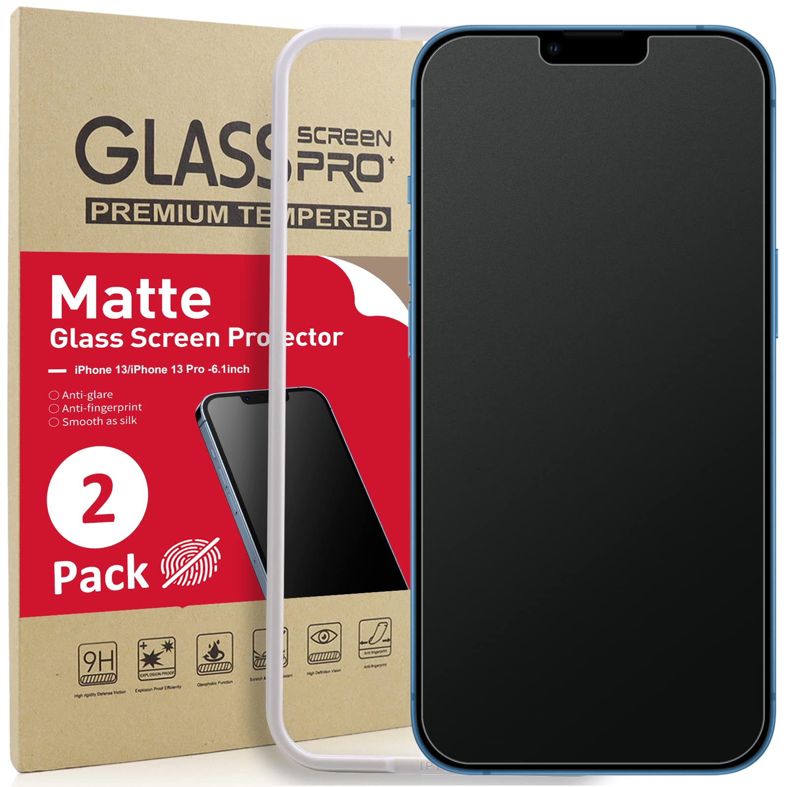 2 Pack Matte Glass Screen Protector for iPhone 14/13/13 Pro - Anti-Glare, Bubble-Free, 9H Tempered Glass with Easy Install Frame - Perfect for Work, Gaming & Outdoor Use (6.1 Inch)