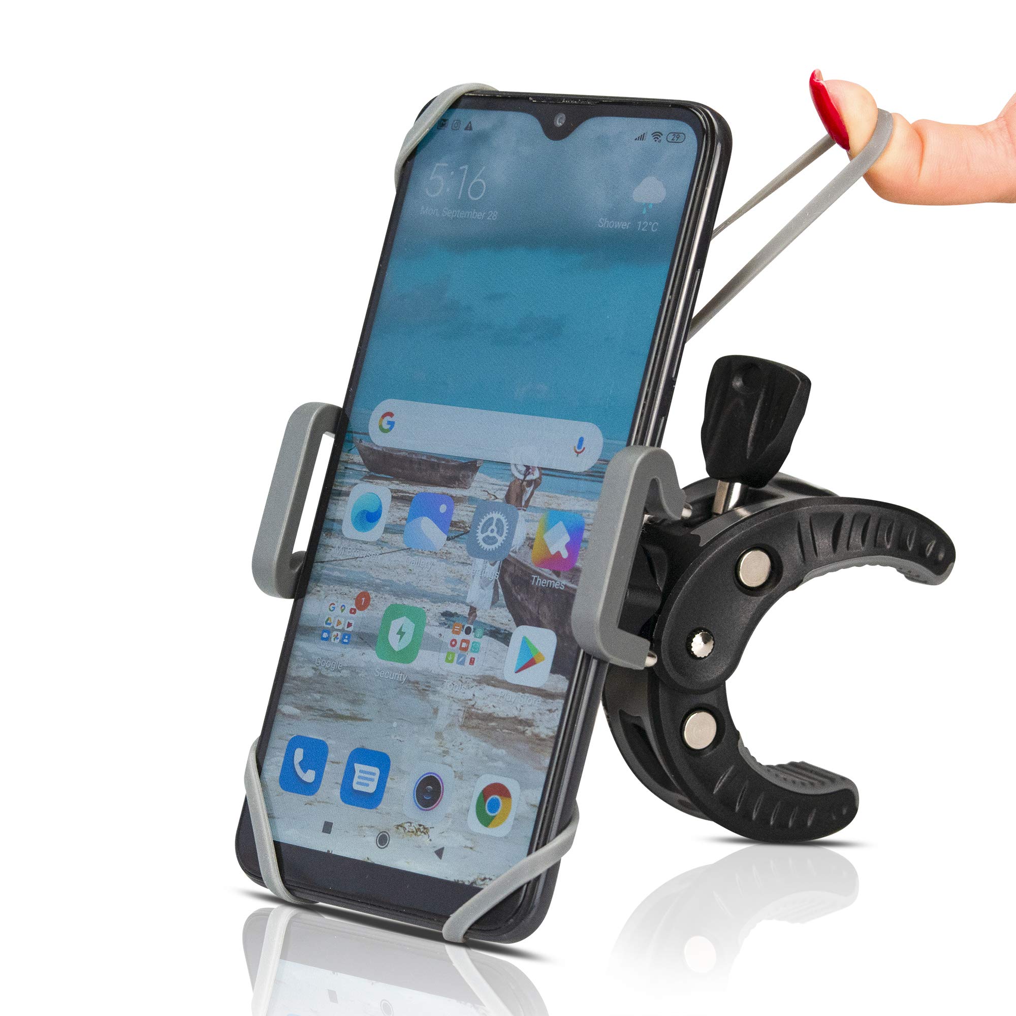 Universal Baby Stroller & Shopping Cart Phone Holder - Adjustable Handlebar Mount for iPhone, Samsung & Smartphones - Perfect for Golf Cart, Bike, Motorcycle, Scooter, ATV, Boat, Spin Bike & Treadmill - Durable Grey Phone Clamp for Hands-Free Use While Exercising, Shopping or Traveling