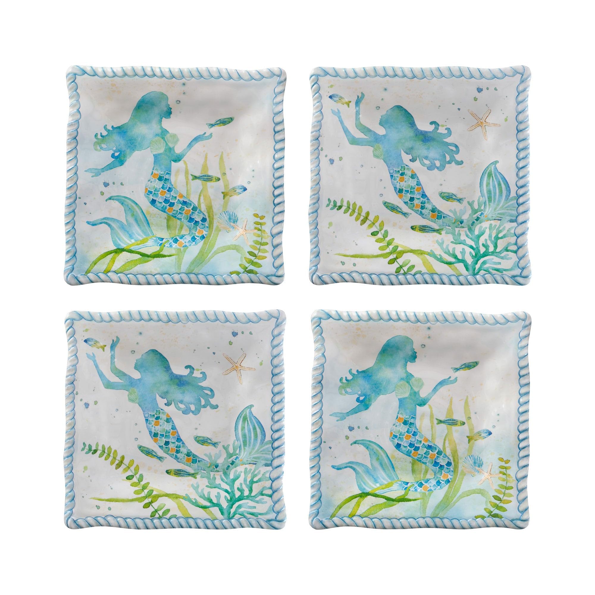 UPware Mermaid Melamine Square Dessert Plates 6 Inch - Set of 4 Small Blue Serving Plates for Appetizers, Snacks, Side Dishes - Perfect for Beach Parties, Poolside Snacks & Summer Entertaining