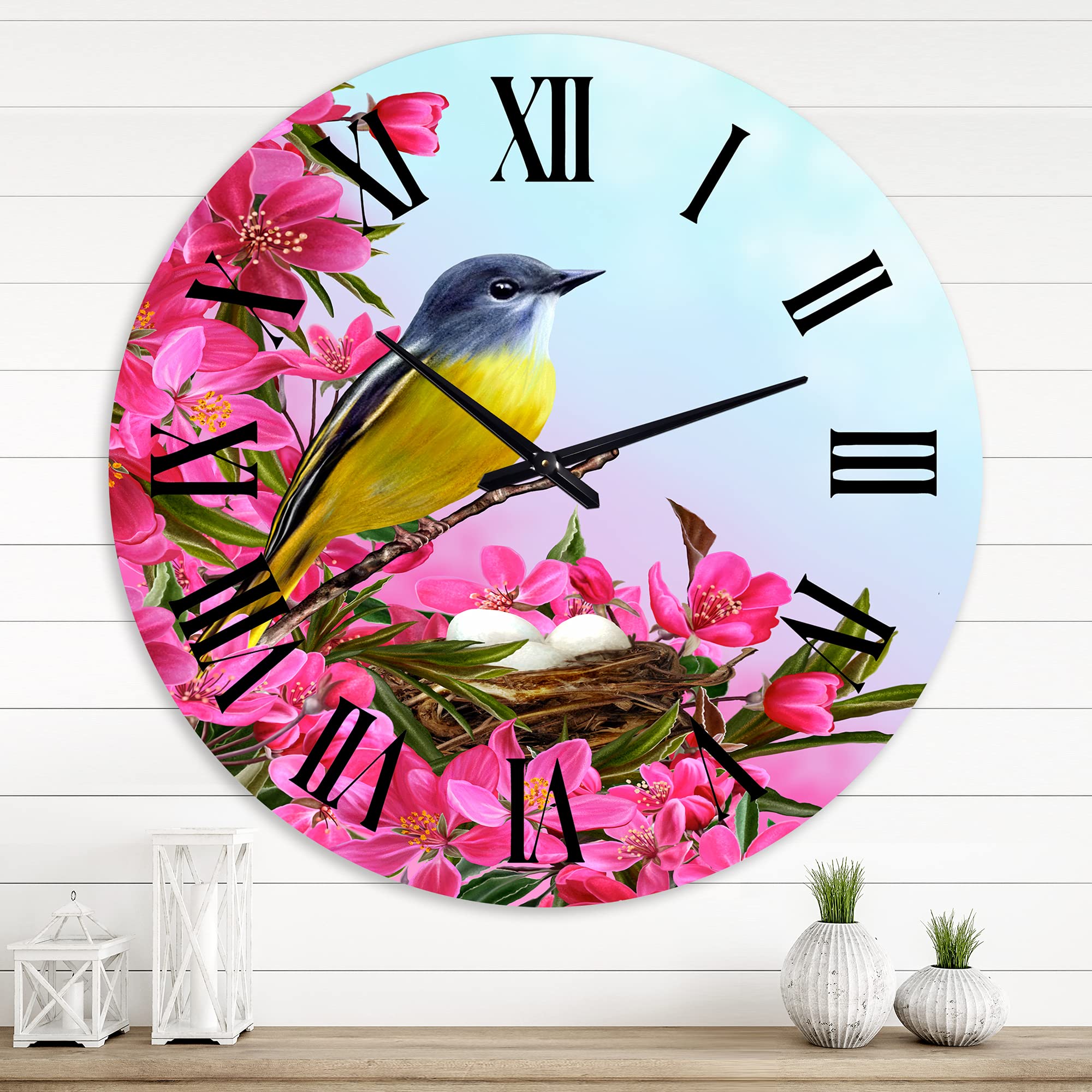 DesignQ Traditional Large Wall Clock - Little Yellow Bird Near The Nest with Flowers, Animal Themed Home Decor for Bedroom, Living Room, Office | Silent Non-Ticking, Perfect for Home & Office Décor