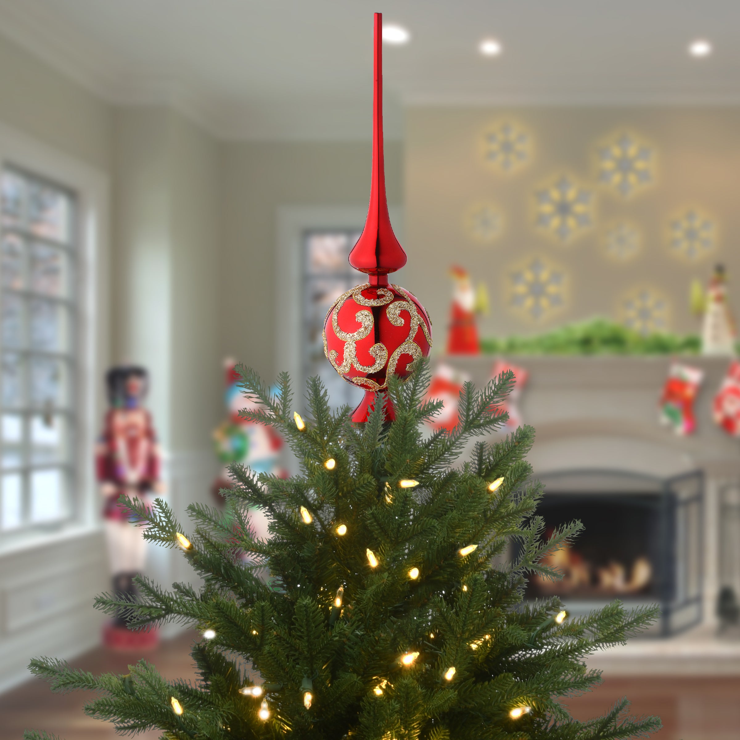 15 Inch Burgundy and Gold Glass Christmas Tree Topper - Elegant Holiday Decor for Xmas Tree, Perfect for Home, Party & Festive Celebrations