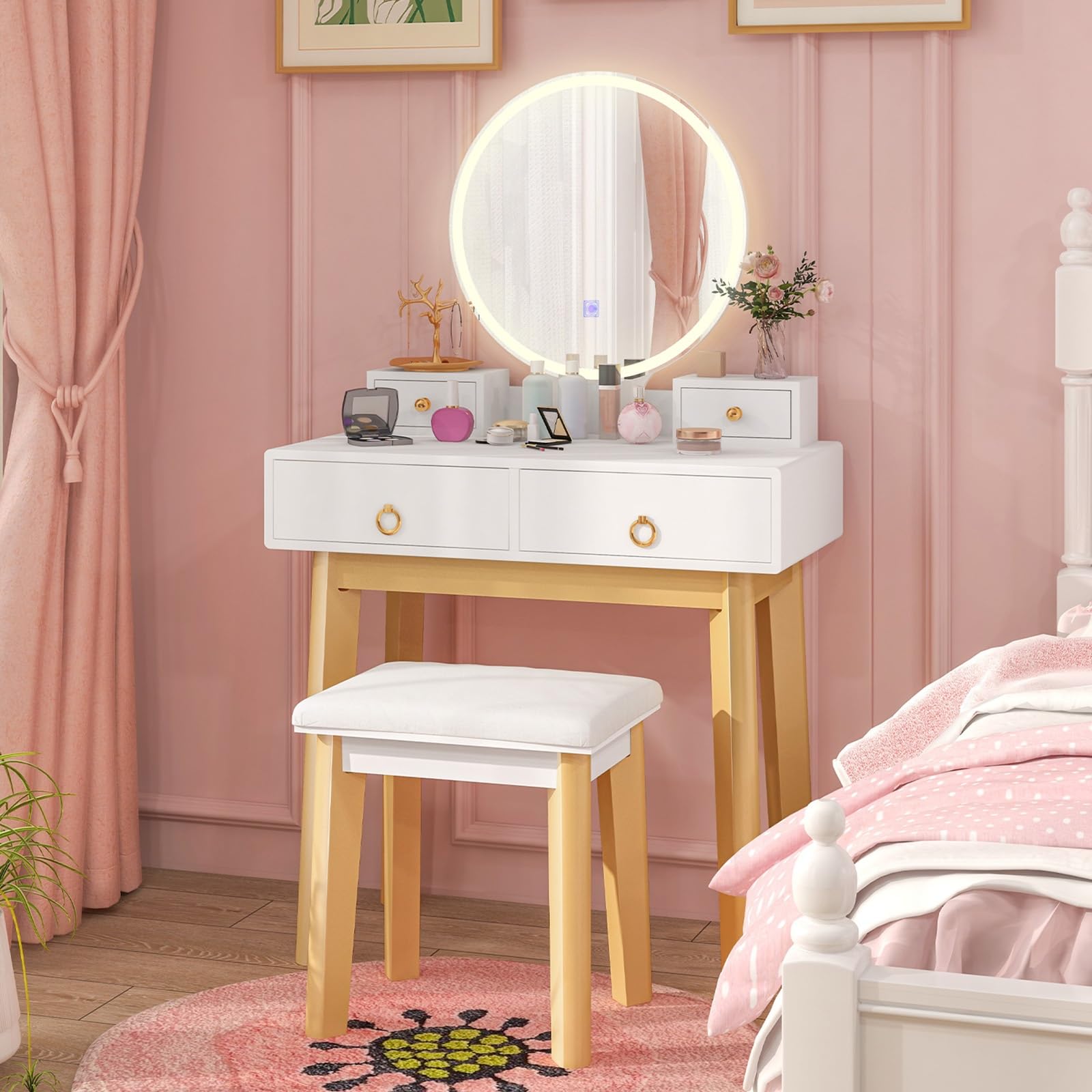 Charmaid White Vanity Desk with Mirror & LED Lights - Modern Makeup Dressing Table with 4 Drawers, 3-Color Lighting Modes & Adjustable Brightness - Includes Vanity Stool - Perfect for Girls' Bedroom, Small Spaces & Beauty Routine