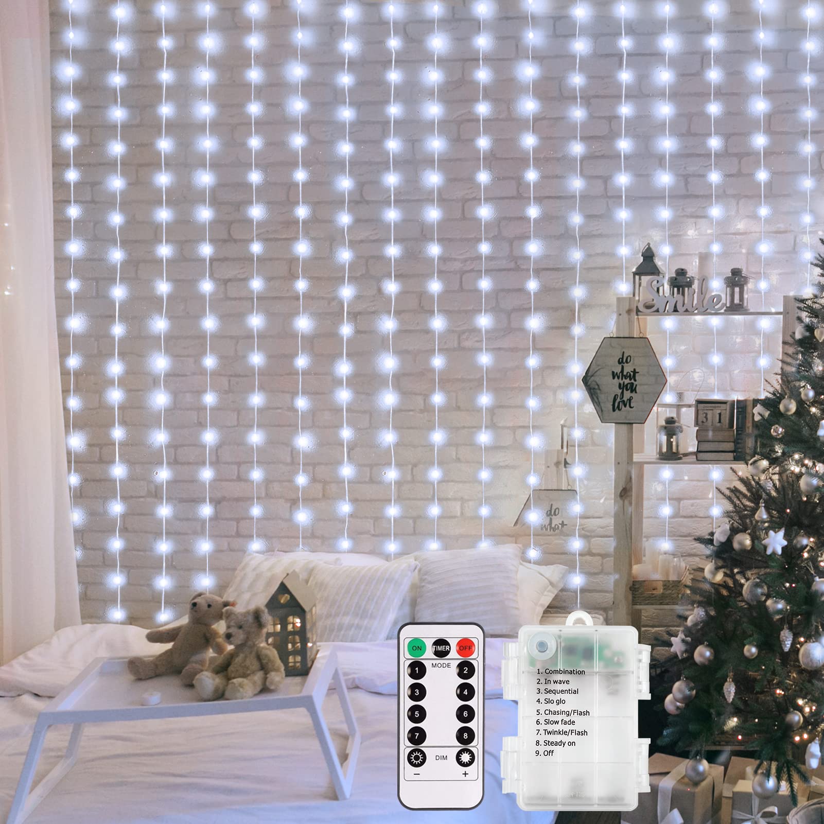 200 LED Battery Operated Curtain String Lights - 6.6×6.6ft Waterproof Fairy Lights with Remote & Timer, 8 Lighting Modes for Indoor Outdoor Wedding Backdrops, Bedroom Decor, Garden Party (Cool White)