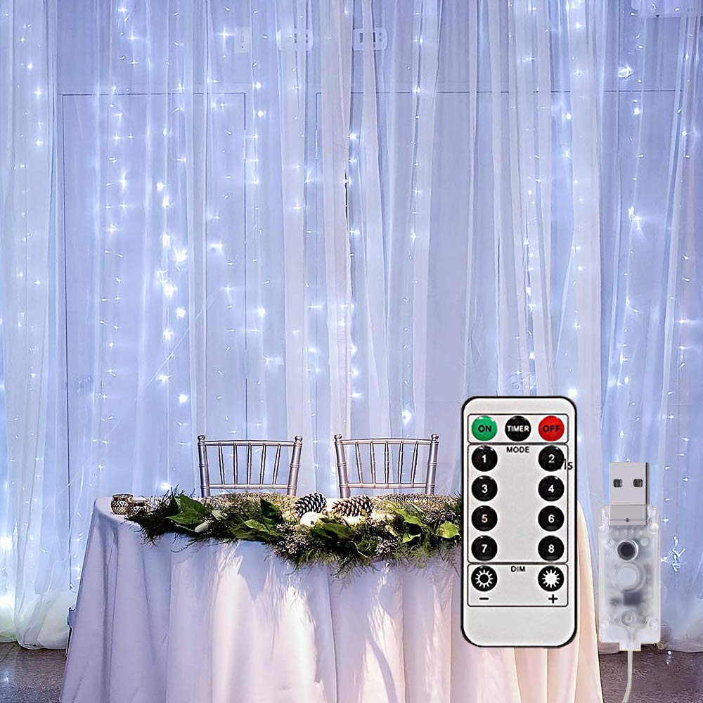 300 LED USB Curtain String Lights - Cool White Fairy Lights with Remote Control, 9.8ft × 9.8ft, 8 Lighting Modes, Waterproof, USB Powered - Perfect for Bedroom Decor, Wedding Party, Lawn, Patio, Backdrop & Holiday Lighting