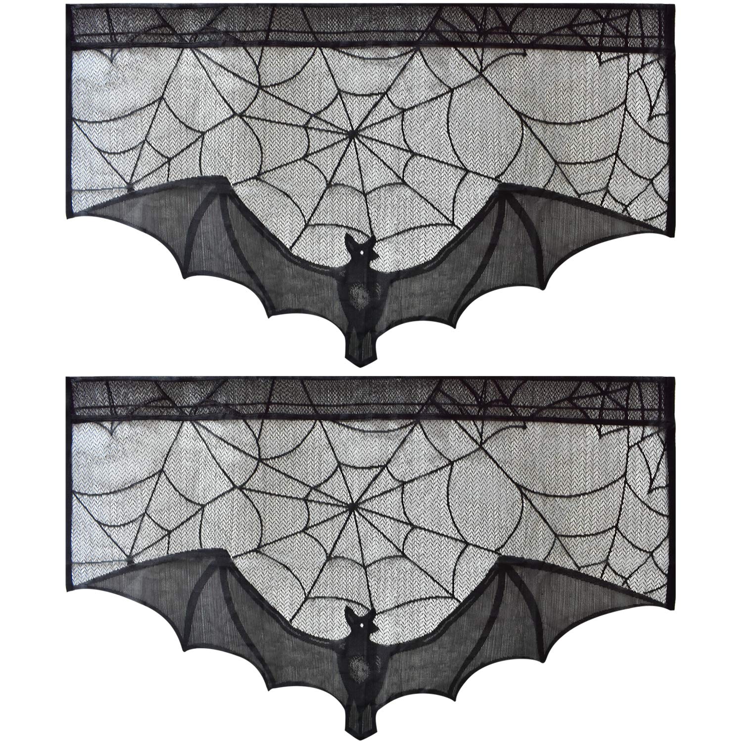 ZeeDix 2 Pack Black Lace Bat Window Curtains - Halloween Fireplace Mantle Scarf, Door Drapes for Spooky Home Decor, Perfect for Halloween Party Supplies & Gothic Themed Rooms