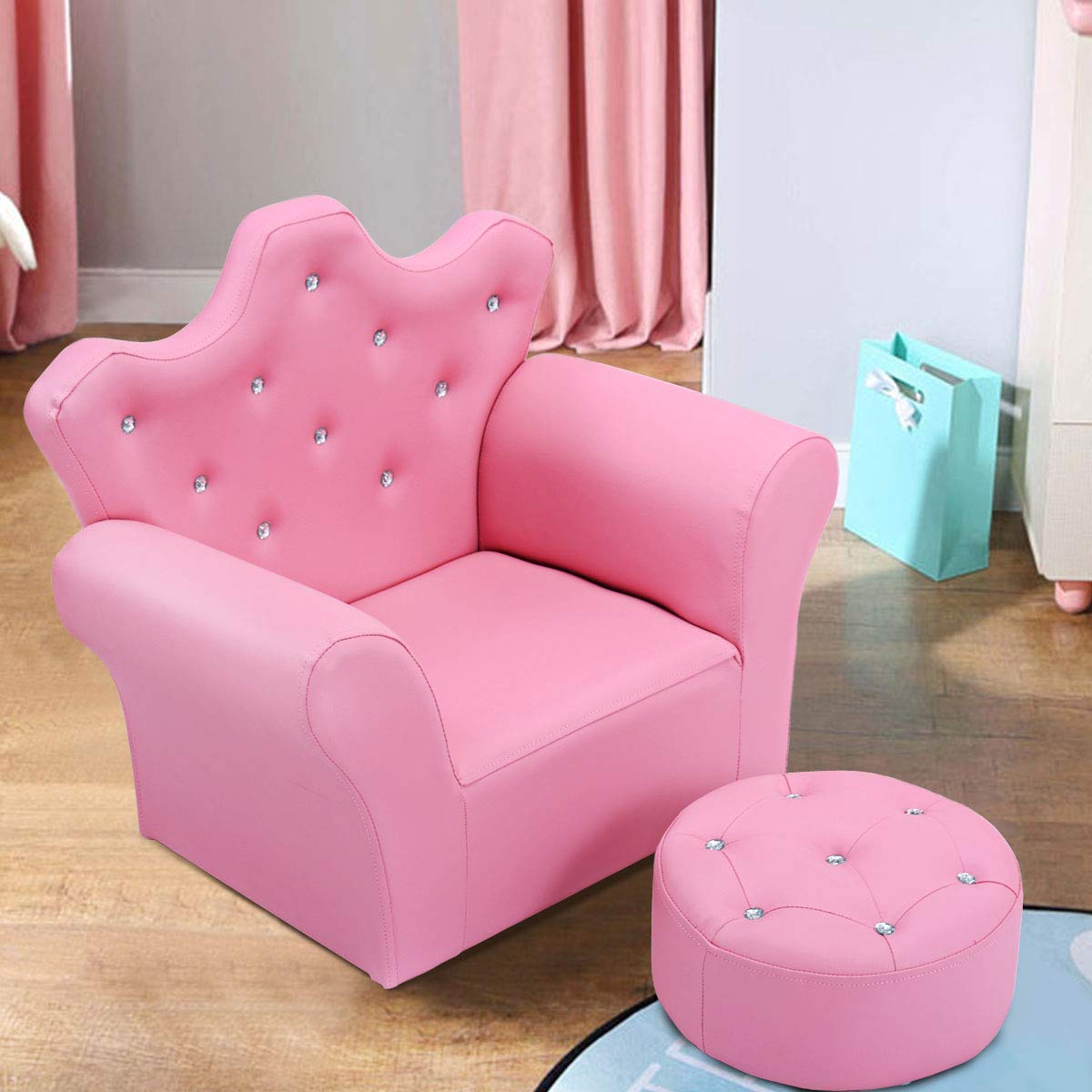 Comfy Toddler Chair with Ottoman - Wooden Frame & PVC Leather Kids Sofa for Girls and Boys - Perfect for Bedroom, Living Room, Playroom & Nursery - Princess Toddler Couch for Reading, TV Time & Relaxation