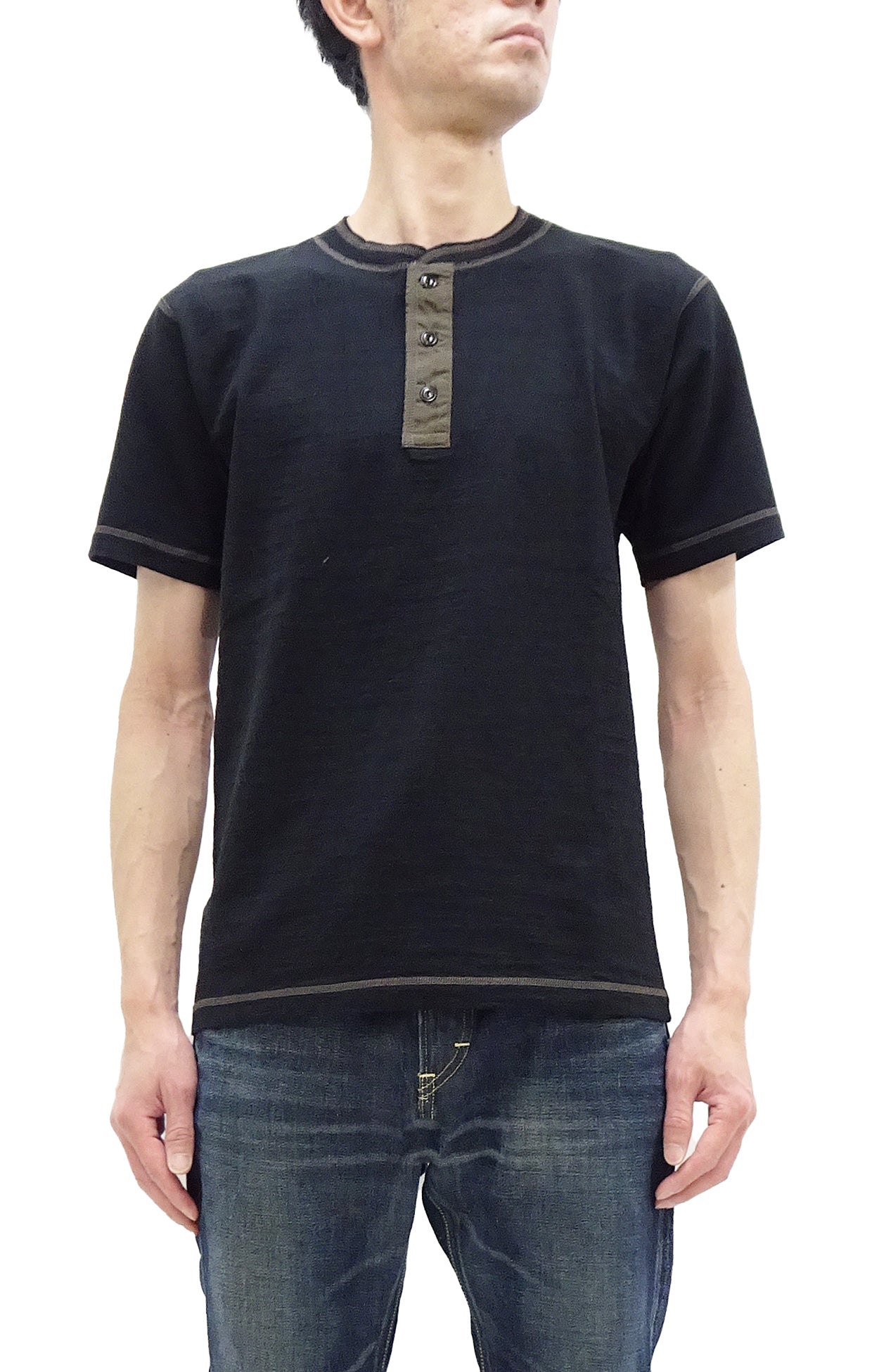 Buzz Rickson Men's Henley Short Sleeve T-Shirt - Loopwheeled Slub Yarn Tee - Premium Cotton Crew Neck Shirt (BR79192-119, Black) - Casual Wear & Everyday Outfits