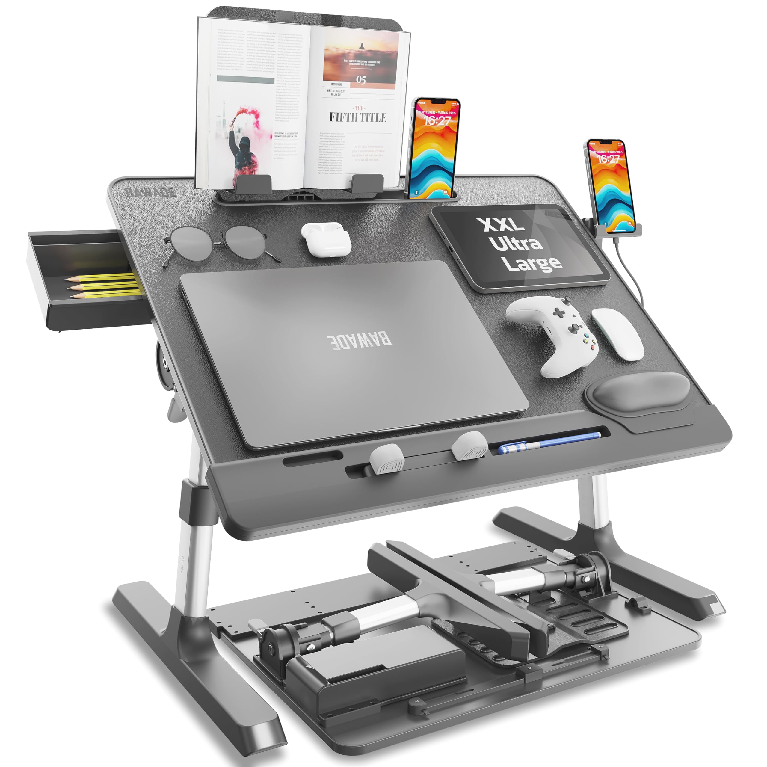 Adjustable Laptop Desk for Bed - Large Portable Workstation with Book Stand, Drawer, Wrist Cushion & Phone Holder - Perfect for Working, Studying, Writing & Dining in Bed or Sofa - Gray Ergonomic Laptop Table
