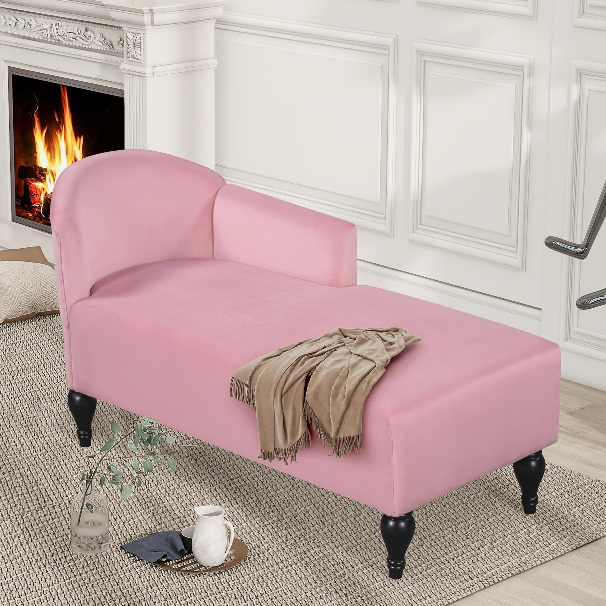 P PURLOVE Velvet Chaise Lounge - Pink Upholstered Recliner Chair with Button Tufting & Nailhead Trim, Solid Wood Legs for Living Room, Bedroom, or Home Office - Perfect for Relaxing, Reading & Lounging in Style