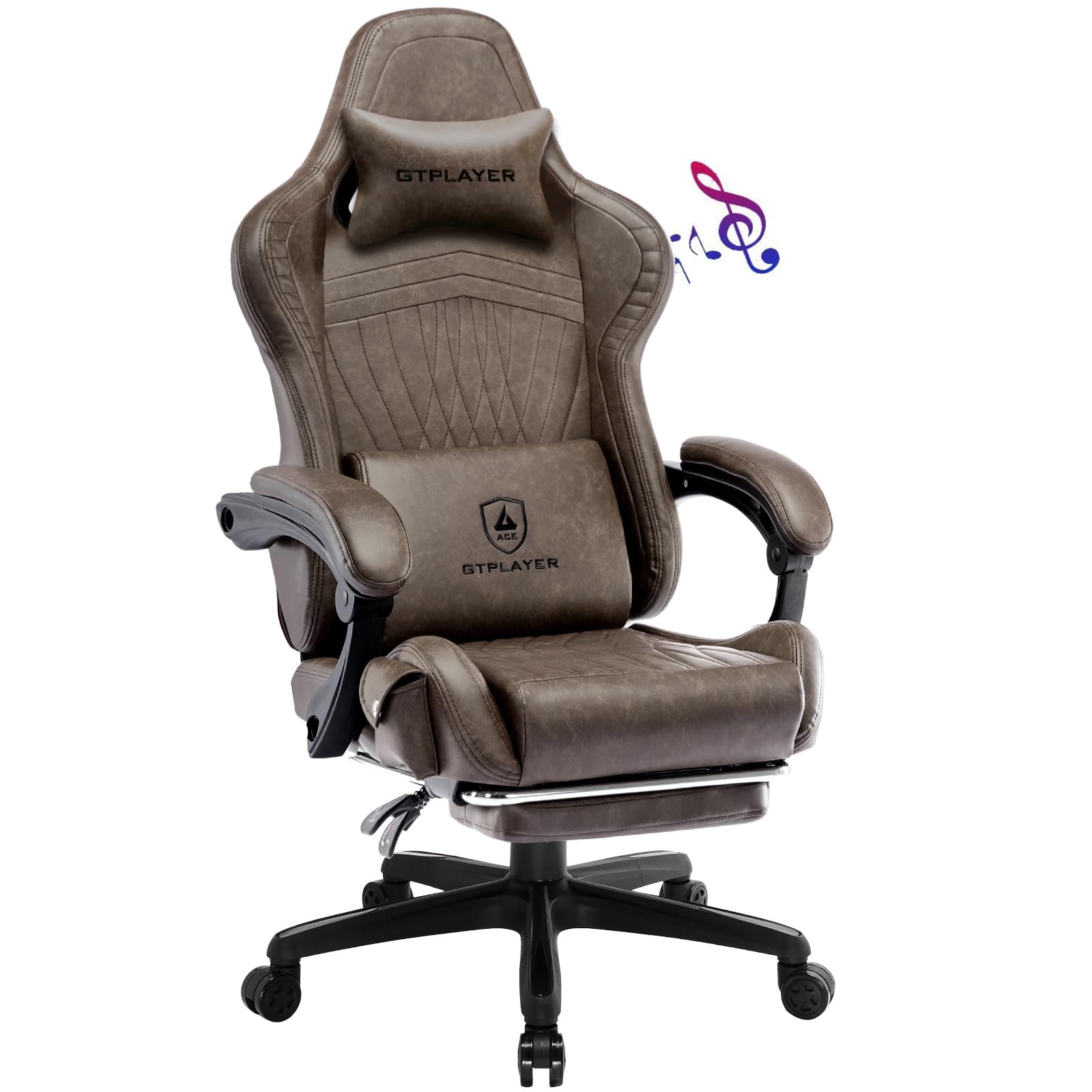 GTRacing GTPLAYER Ergonomic Gaming Chair with Bluetooth Speakers, Footrest & Reclining Function - High Back Computer Chair with Linkage Armrests for Adults (Light Brown) - Perfect for PC Gaming, Office Work & Home Entertainment