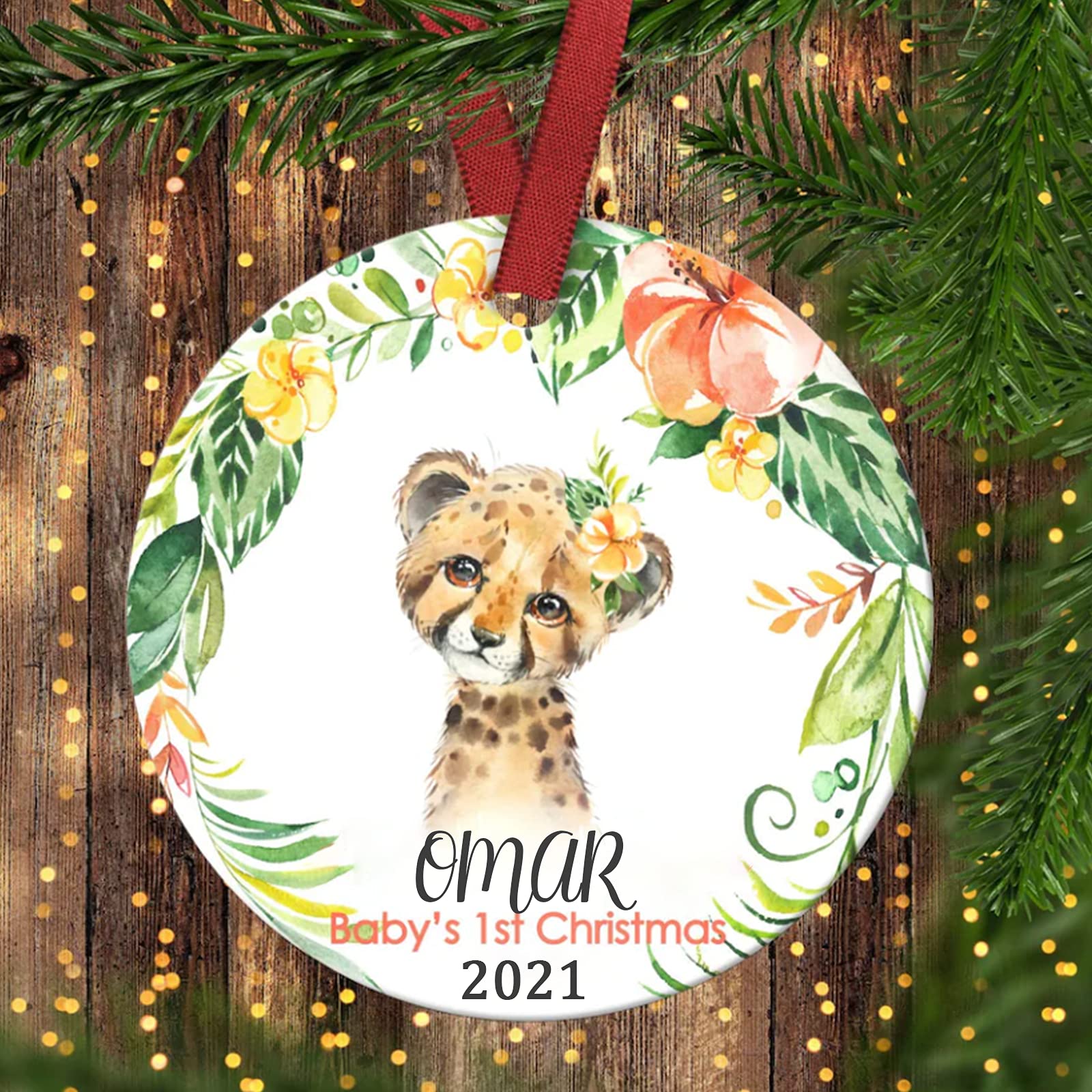 Personalized Baby Cheetah Christmas Ornament - Baby's First Christmas Keepsake for Girls | Nursery Decor, Holiday Tree Decoration & Gift Idea