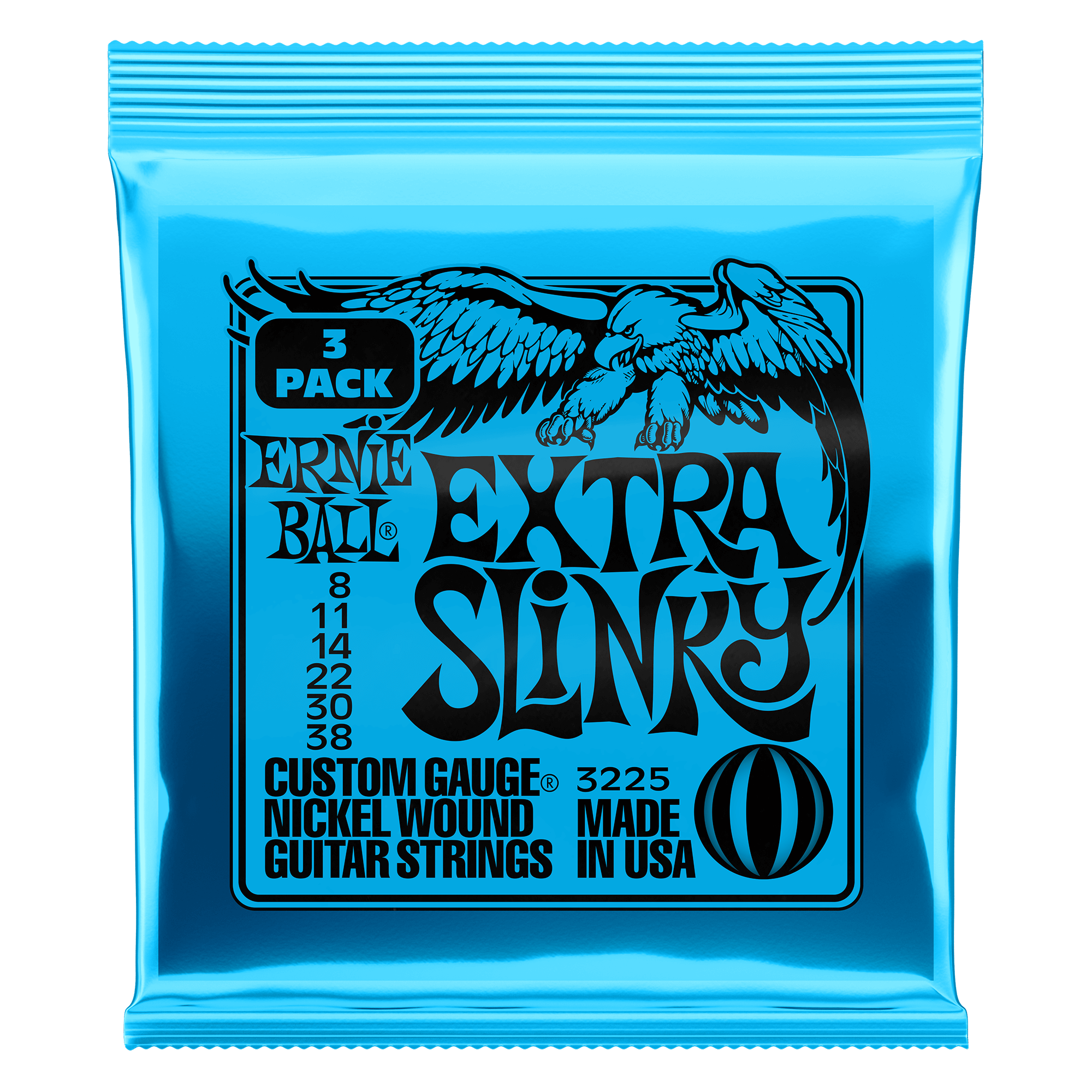 Ernie Ball Extra Slinky Nickel Wound Electric Guitar Strings 3-Pack (8-38 Gauge) - Perfect for Rock, Blues & Metal Guitarists