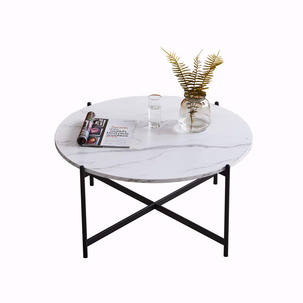 Modern Round Wooden Coffee Table with Steel Legs - Black Frame & Faux Marble Top - Accent Side Table for Living Room, Dining Room & Home Decor - Perfect for Coffee, Tea & Relaxing Moments