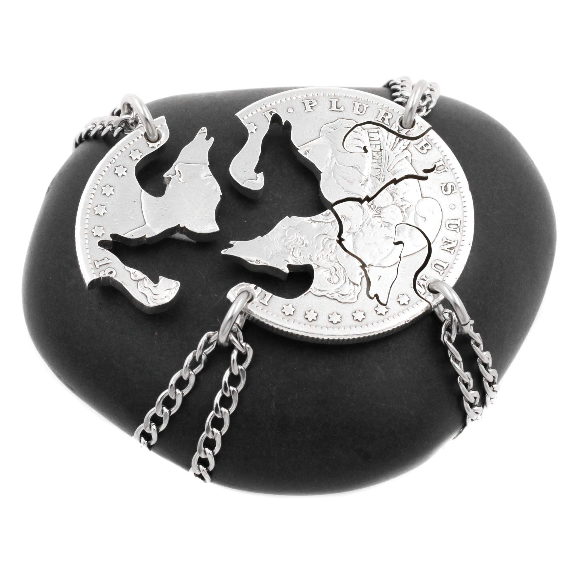 NameCoins 4-Piece Wolf Necklace Set - Best Friend Gifts, Friendship Jewelry, Family Matching Necklaces, Hand-Cut Coin Pendants - Perfect for Birthdays, Anniversaries & Special Occasions
