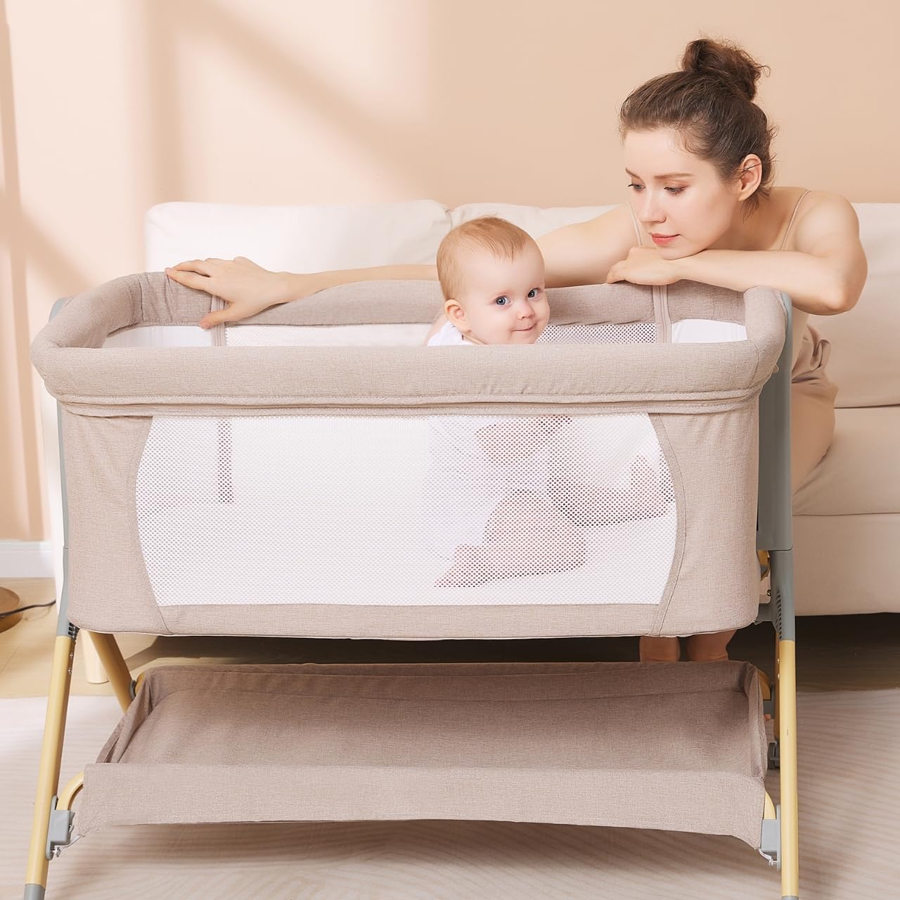 **Portable Baby Bassinet with Waterproof Mattress Cover - Adjustable Height, Wheels & Storage - Bedside Crib for Newborns (Warm Beige) | Perfect for Nursery, Bedroom & Travel**