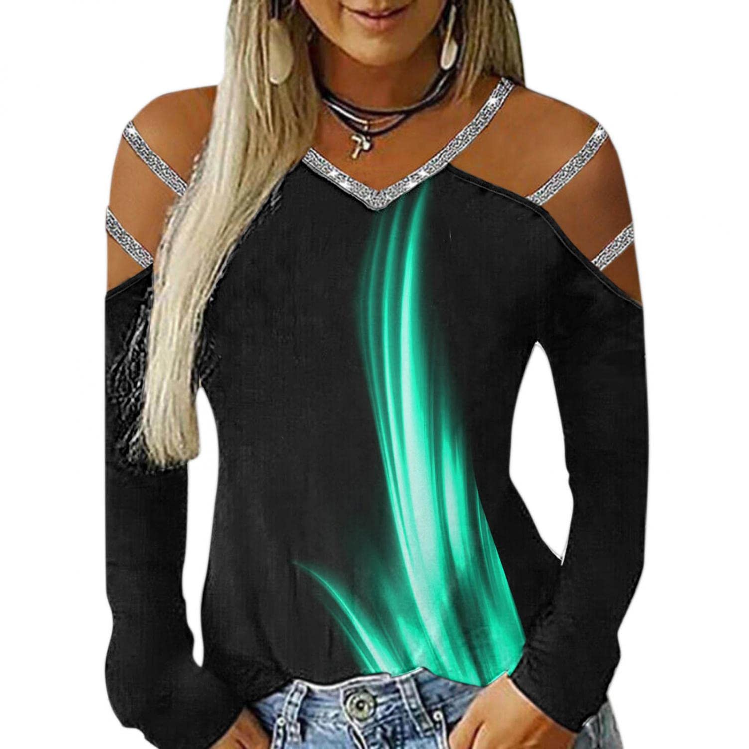 Sexy Women's Long Sleeve Cold Shoulder Tops - Hollow Out Boat Neck Casual Blouses for Fall | Perfect for Date Night, Office Wear & Weekend Outfits