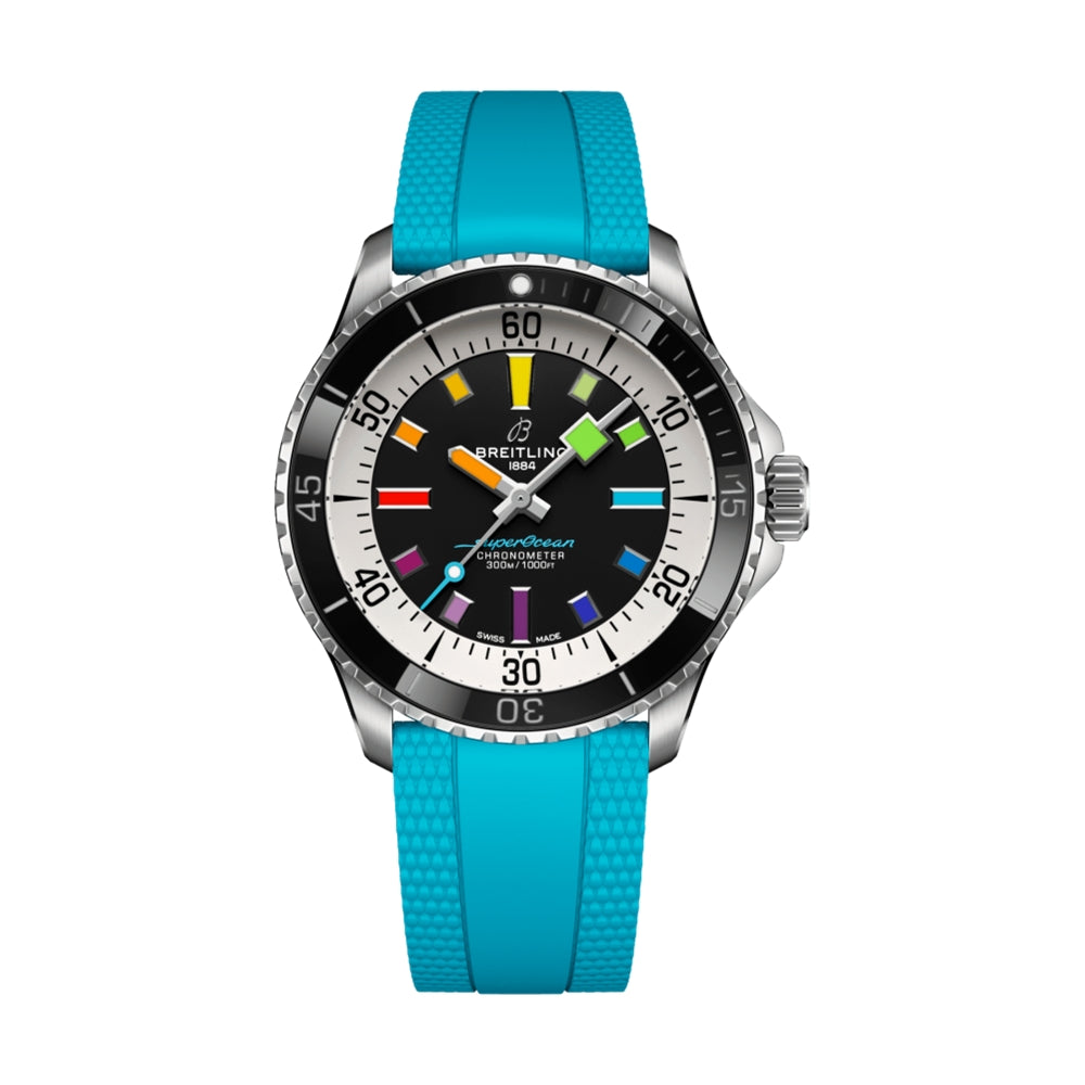 Superocean Automatic 42mm Men's Dive Watch - Black Dial with Rainbow Indices on Blue Rubber Strap | Waterproof Luxury Watch for Scuba Diving, Swimming & Outdoor Adventures