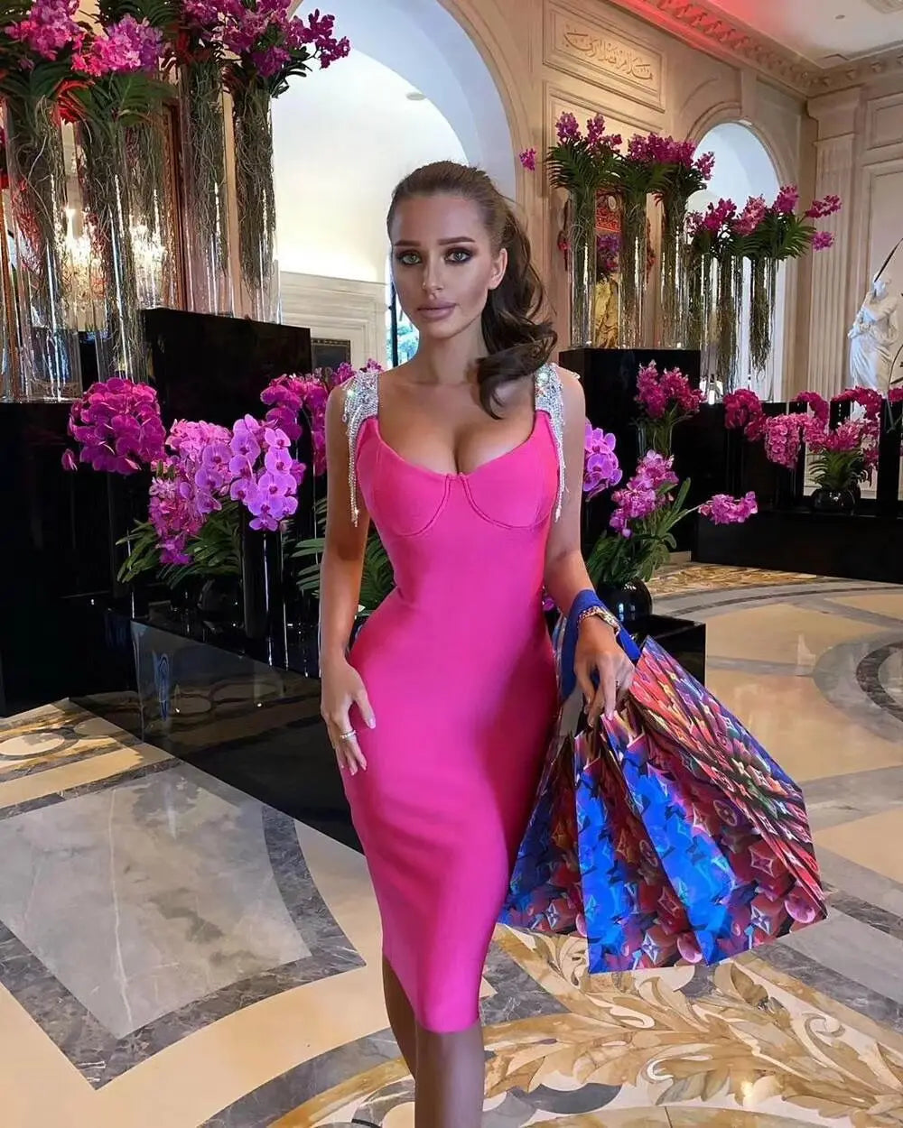 Black Pink Tassel Sleeve Rayon Bandage Dress - Elegant Cocktail Party Dress for Women | Perfect for Night Out, Club Wear, Date Night & Special Occasions