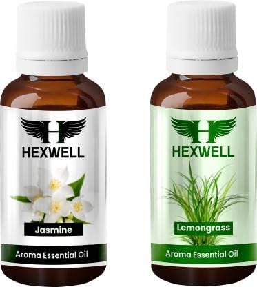 Hexwell 100% Pure & Natural Jasmine & Lemongrass Essential Oil Set - Undiluted Aromatherapy Oils for Soap Making, Home Fragrance, Hair Growth, Skin Care & Diffusers (10ml Each) - Perfect for Relaxation, Spa & DIY Beauty Products