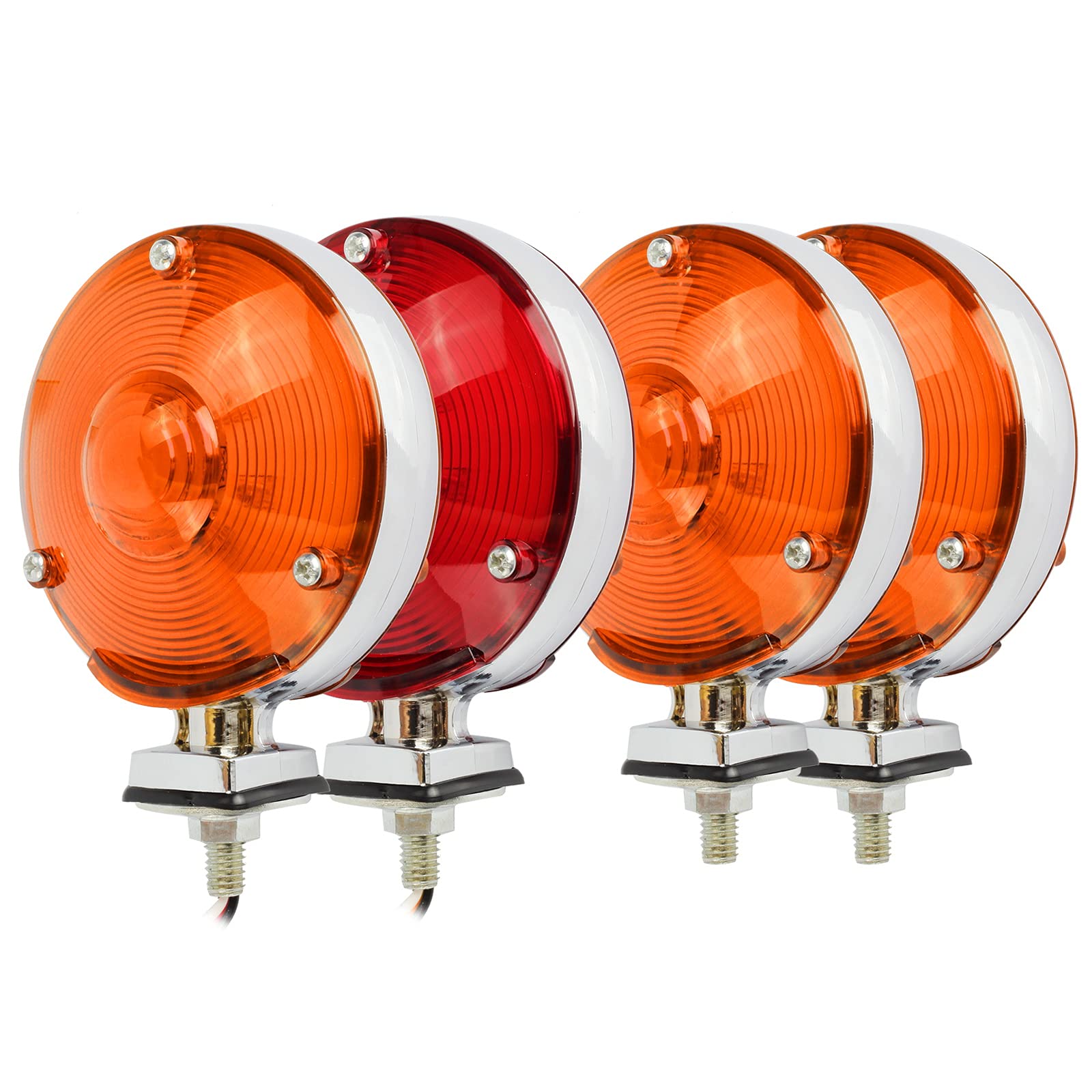 Partsam 4 Inch Round LED Stop Tail Turn Signal Lights - Double Face Star Pedestal Mount for Trucks, Semi Trailers & Tractors (3 Amber + 1 Red) - Durable Fender Mount Lights for Night Driving & Safety Signaling