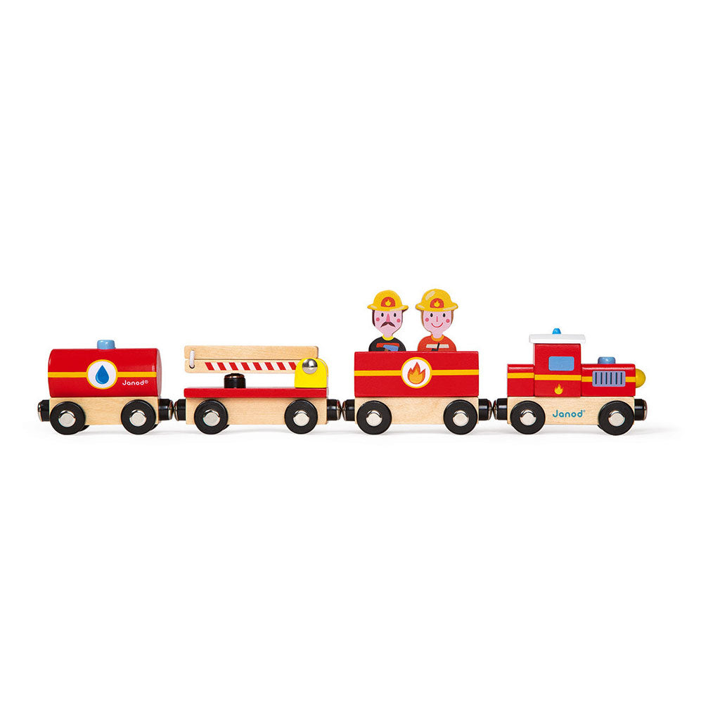 Janod Wooden Firefighter Train Toy for Kids - Educational Push & Pull Toy with Realistic Sounds - Perfect for Pretend Play, Birthday Gifts & Preschool Learning Activities