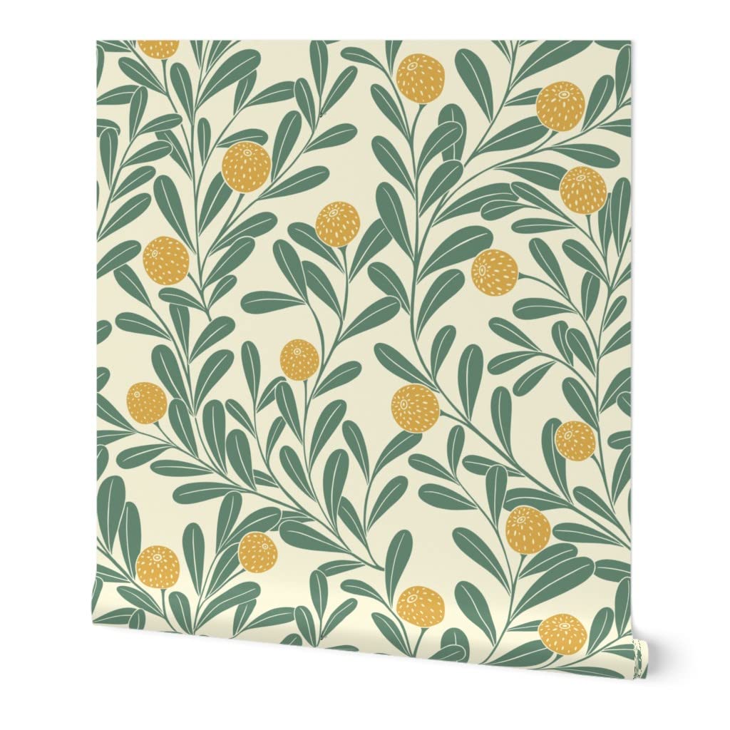 Removable Wallpaper 9ft x 2ft - Peel & Stick Climbing Vines Botanical Citrus Pattern | Pre-Pasted Self-Adhesive Wallpaper for Bedroom, Living Room & Nursery Decor | Spoonflower