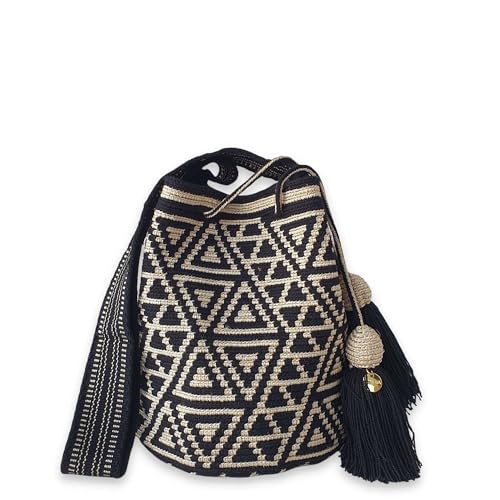 Handmade Traditional Wayuu Mochila Bag from Colombia - Medium Crochet Crossbody Purse, Ethnic Bucket Bag, Colombian Craft (Gold Star) - Perfect for Beach, Festival & Boho Fashion Accessories