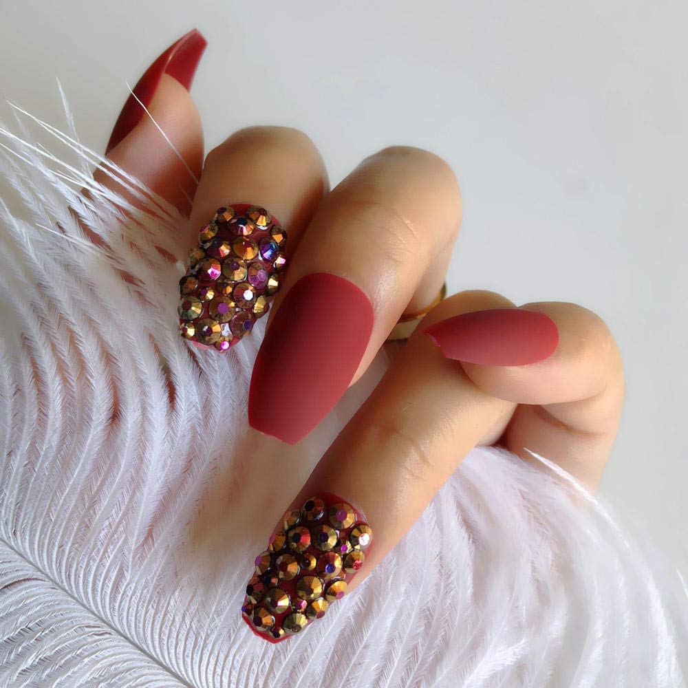 HUJL Luxury False Nails - Light Brown 3D Rhinestone Fake Nails with Nail Art Designs | Daily Wear, Party, Wedding & Special Occasions