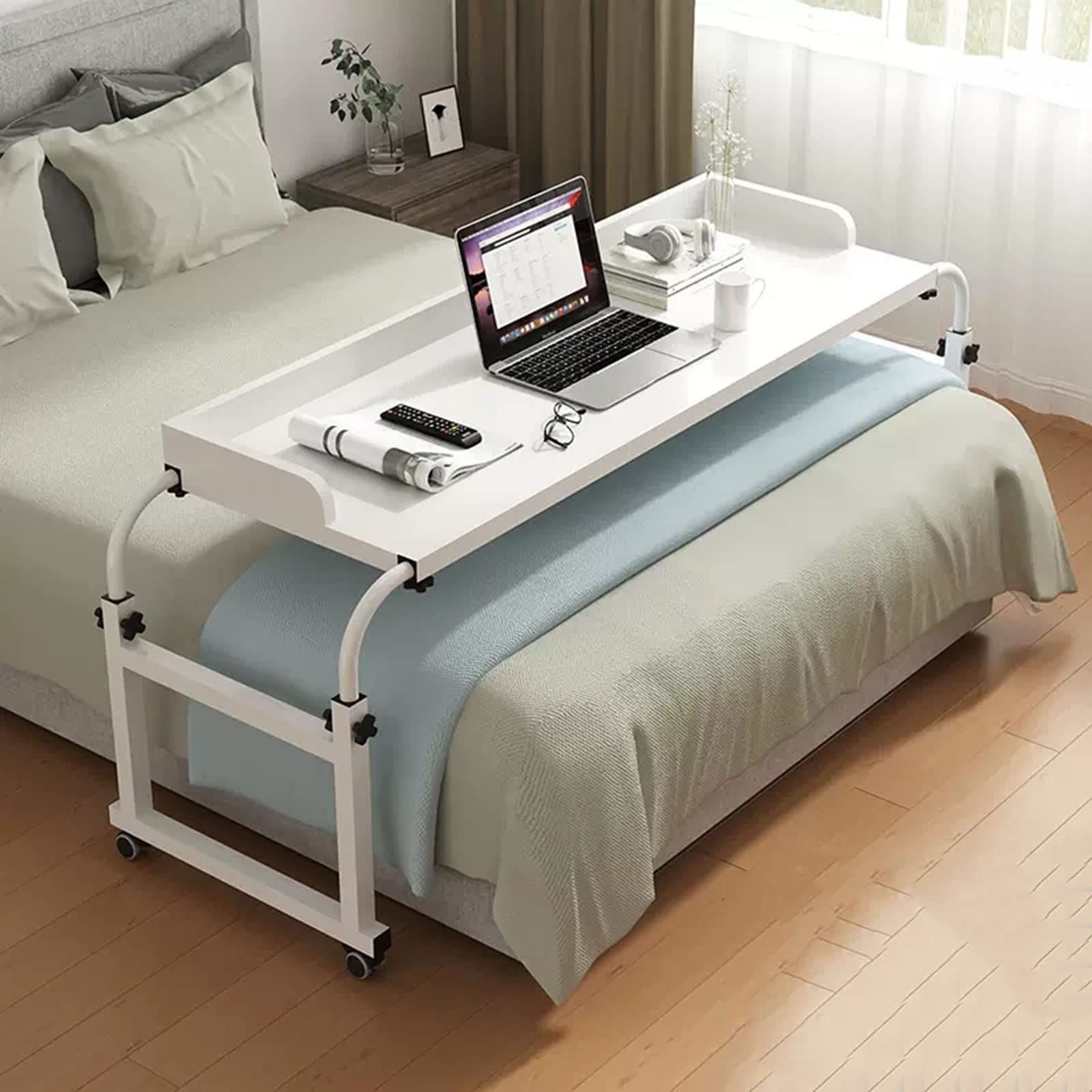 Adjustable Rolling Overbed Table - Extendable Height & Length Mobile Laptop Desk for Home Office, Hospital & Bedroom Use - White 140cm Computer Workstation with Wheels