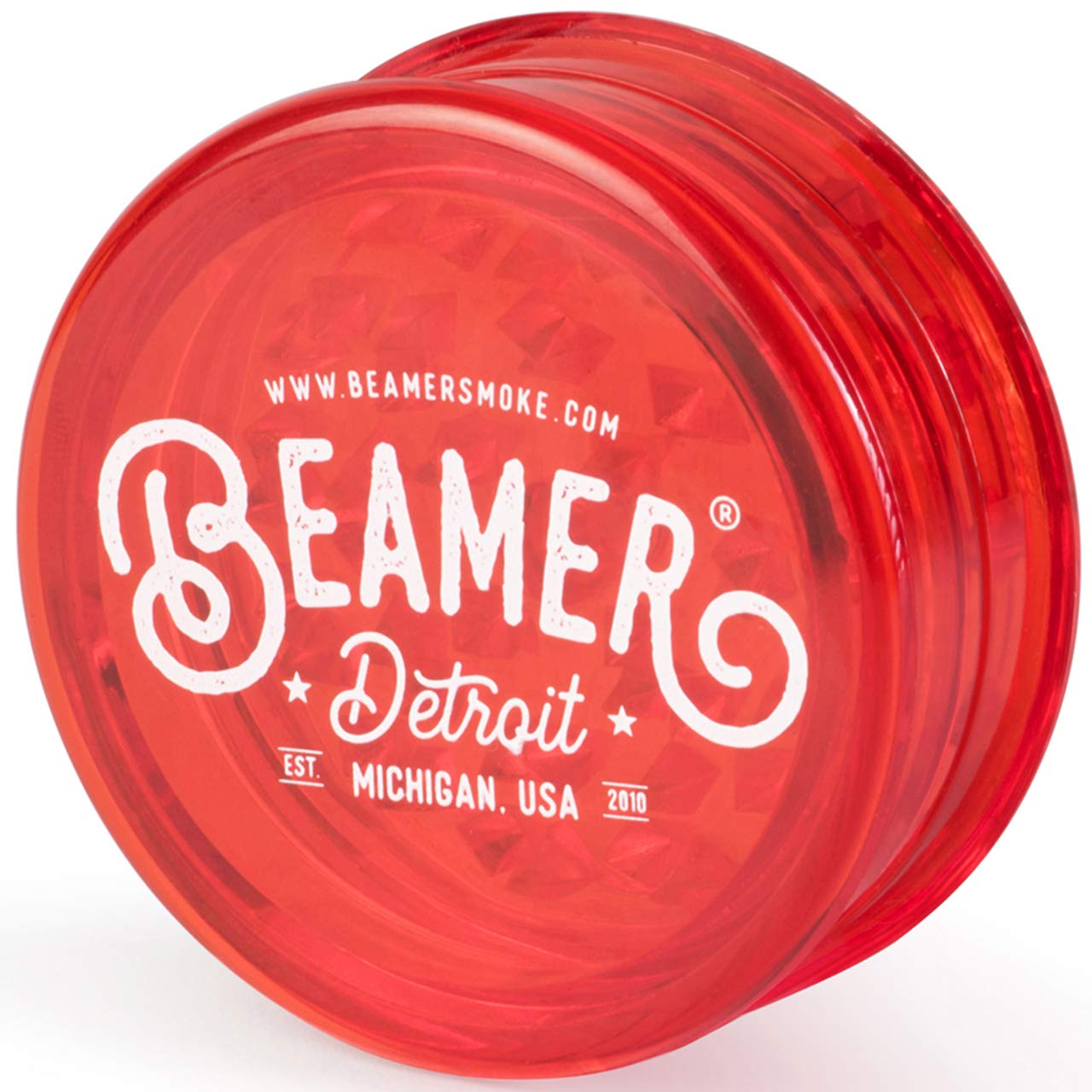 Beamer Detroit Logo 3-Piece 63mm Acrylic Herb Grinder - Transparent Red Color with Free Smoke Sticker | Perfect for Grinding Herbs, Spices & Tobacco | Compact & Portable for Travel, Camping & Home Use