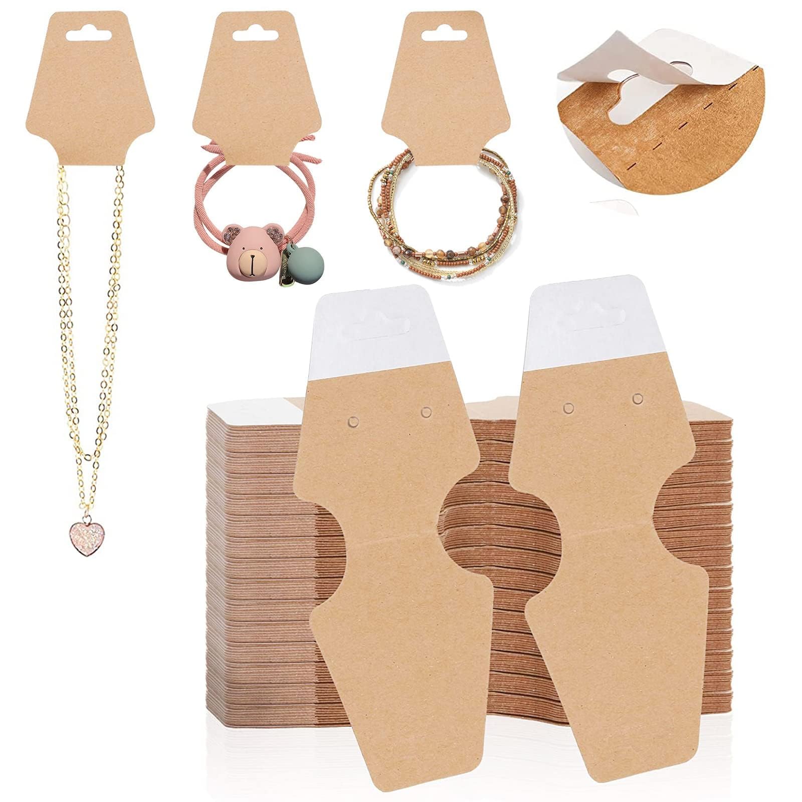 200 Pcs Kraft Paper Necklace Display Cards with Adhesive - Thick Jewelry Display Cards for Bracelets & Keychains - Perfect for Retail Stores, Craft Shows & Online Jewelry Businesses