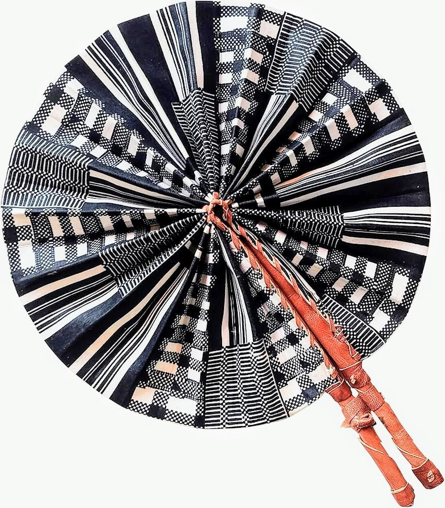 Dupsie's Koumadi Foldable Black and White African Print Ankara Kente Fan - Handheld Cooling Fan for Summer, Weddings & Cultural Events - DPPFB0795
