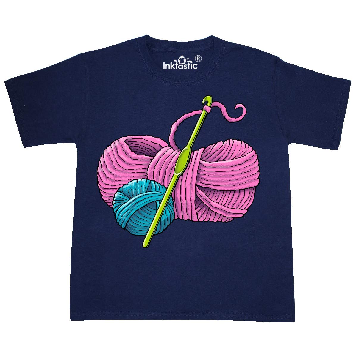 Inktastic Blue and Pink Yarn with Crochet Hook Youth T-Shirt - Soft Cotton Graphic Tee for Kids & Teens - Perfect for Craft Lovers, Crochet Enthusiasts & DIY Fashion