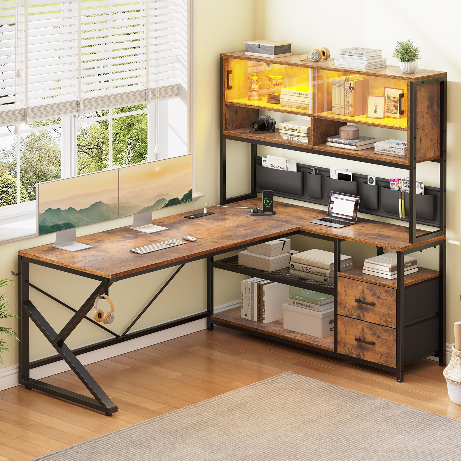 SEDETA L-Shaped Computer Desk with 2 Drawers & Bookshelf - Home Office Gaming Desk with LED Light, Glass Cabinet & Storage Bag - Corner Desk with Storage Shelves (Rustic Brown) for Small Spaces, Gaming Setup & Home Office Organization