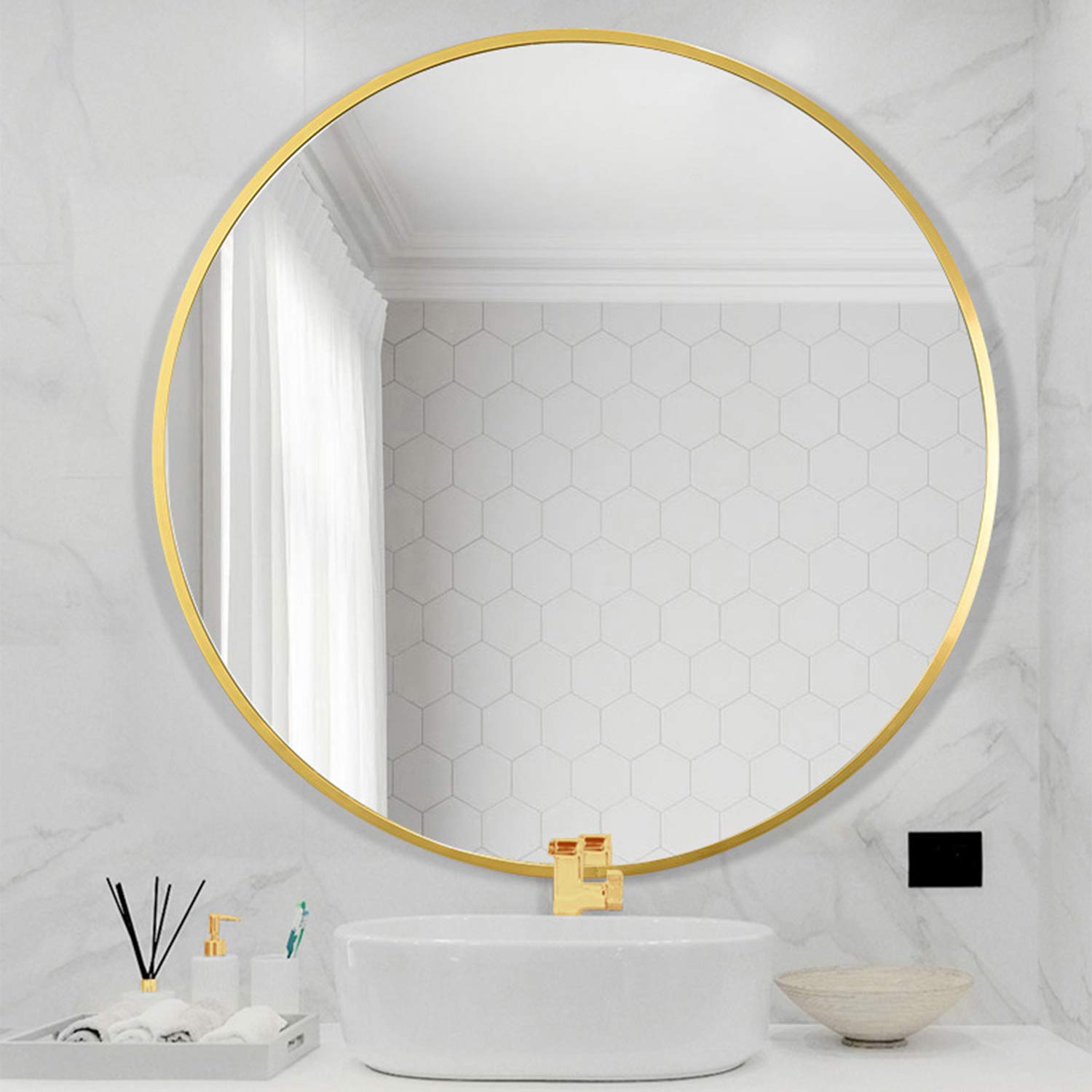 LYNSLIM 24 Inch Golden Metal Frame Round Vanity Mirror - Decorative Wall Mirror for Bedroom, Bathroom, Living Room & Entryway | Perfect for Makeup, Home Decor & Full-Length Viewing