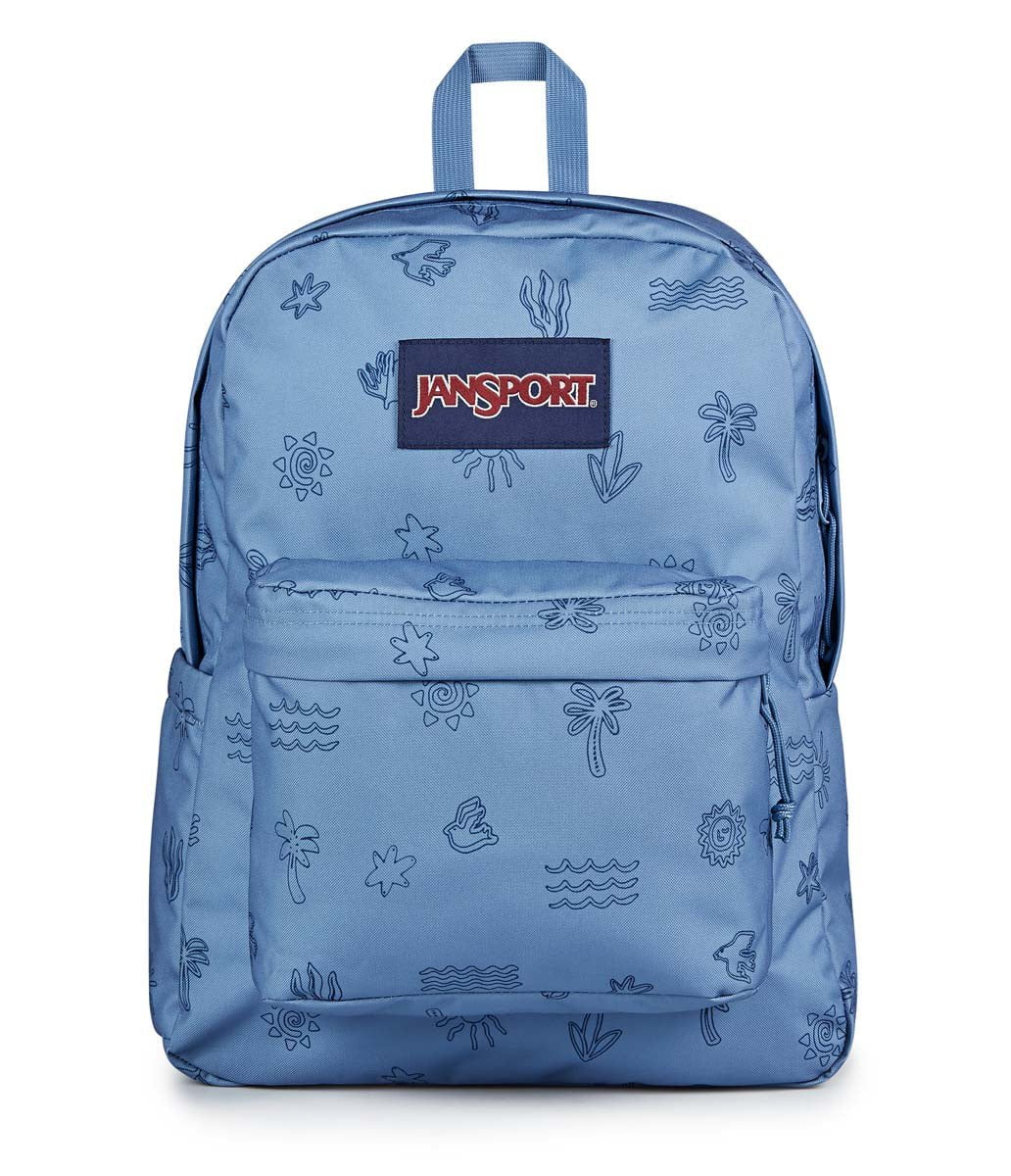 JanSport SuperBreak Plus Backpack - Lightweight Laptop Backpack for School & Travel, Durable 15-Inch College Bookbag with Front Utility Pocket (Sunny Sketches Blue) - Perfect for Students, Commuters & Outdoor Adventures