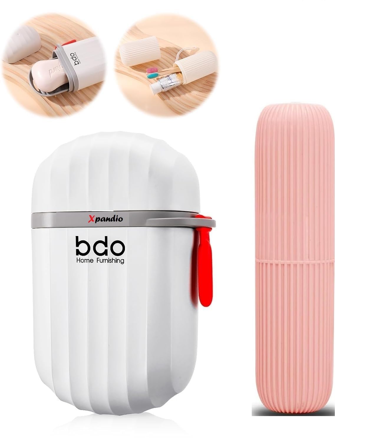 **Xpandio Waterproof Travel Soap Case & Toothbrush Holder – White & Pink Set for Bathroom, Camping, Shower – Leakproof & Portable with Convenient Handle**    *(Use Case: Perfect for travel, gym, outdoor adventures, and keeping toiletries organized at home or on the go.)*