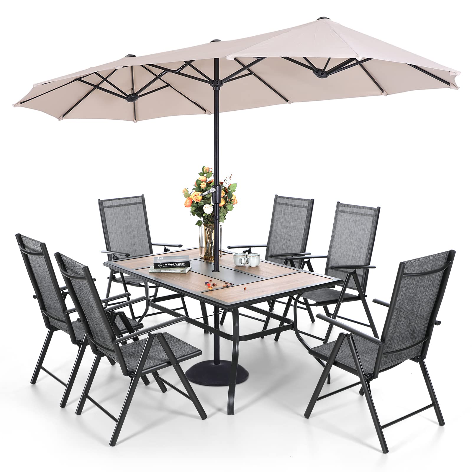 7-Piece Outdoor Patio Furniture Set with 13ft Beige Double-Sided Umbrella, Metal PVC Dining Table & Adjustable Sling Chairs - Perfect for Backyard, Porch, Garden & Poolside Relaxation