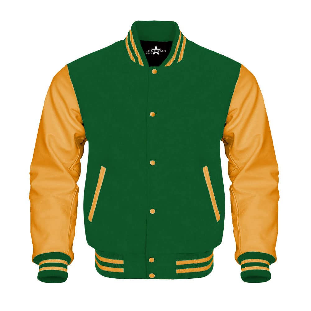 Authentic Baseball Varsity Bomber Jacket - Genuine Leather Sleeves & Wool Body Letterman Jacket for Men (Multiple Colors) - Perfect for High School Sports, College Games & Casual Streetwear