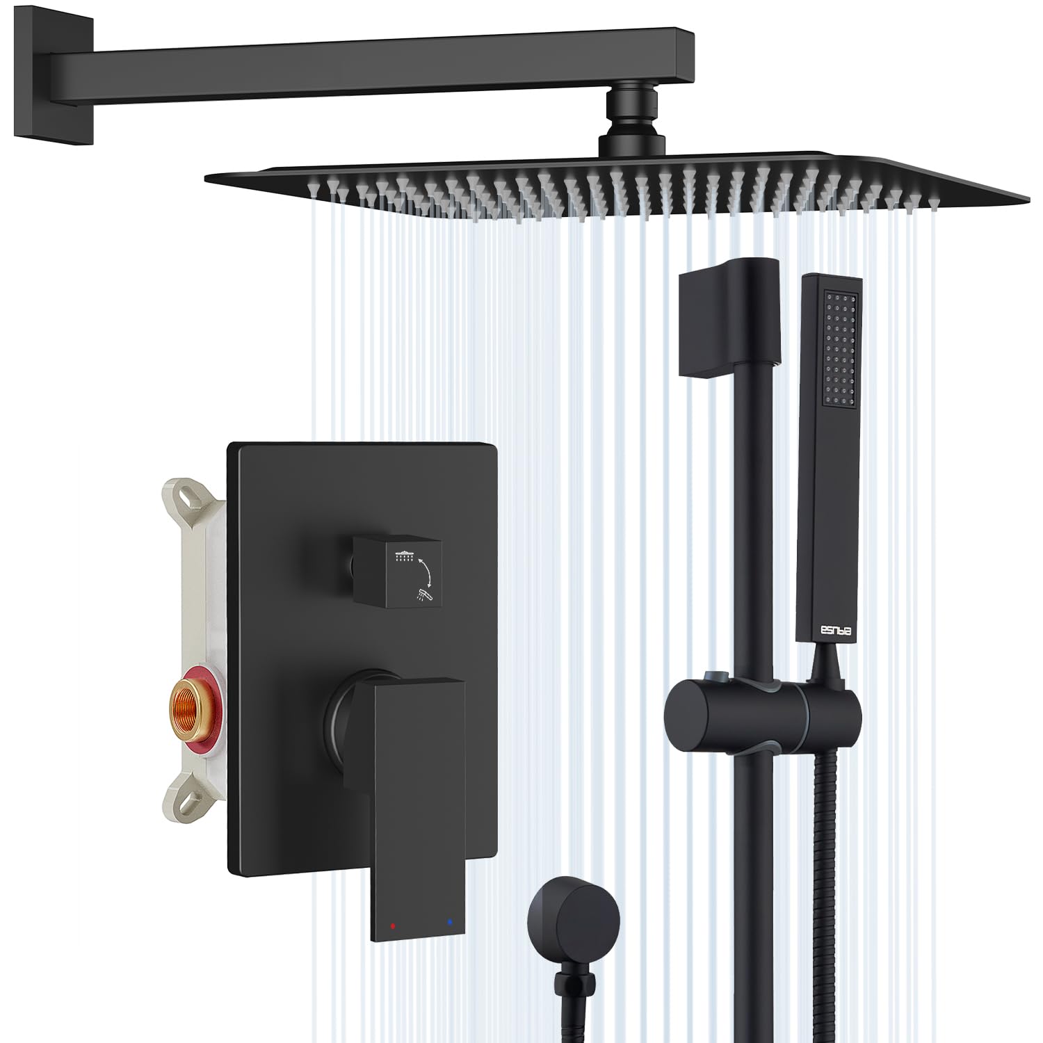 ESNBIA Matte Black Shower System - 10 Inch Rain Shower Head & Handheld Spray Combo with Slide Bar, Wall Mounted High Pressure Shower Faucet Set - Perfect for Modern Bathroom, Spa-Like Shower Experience