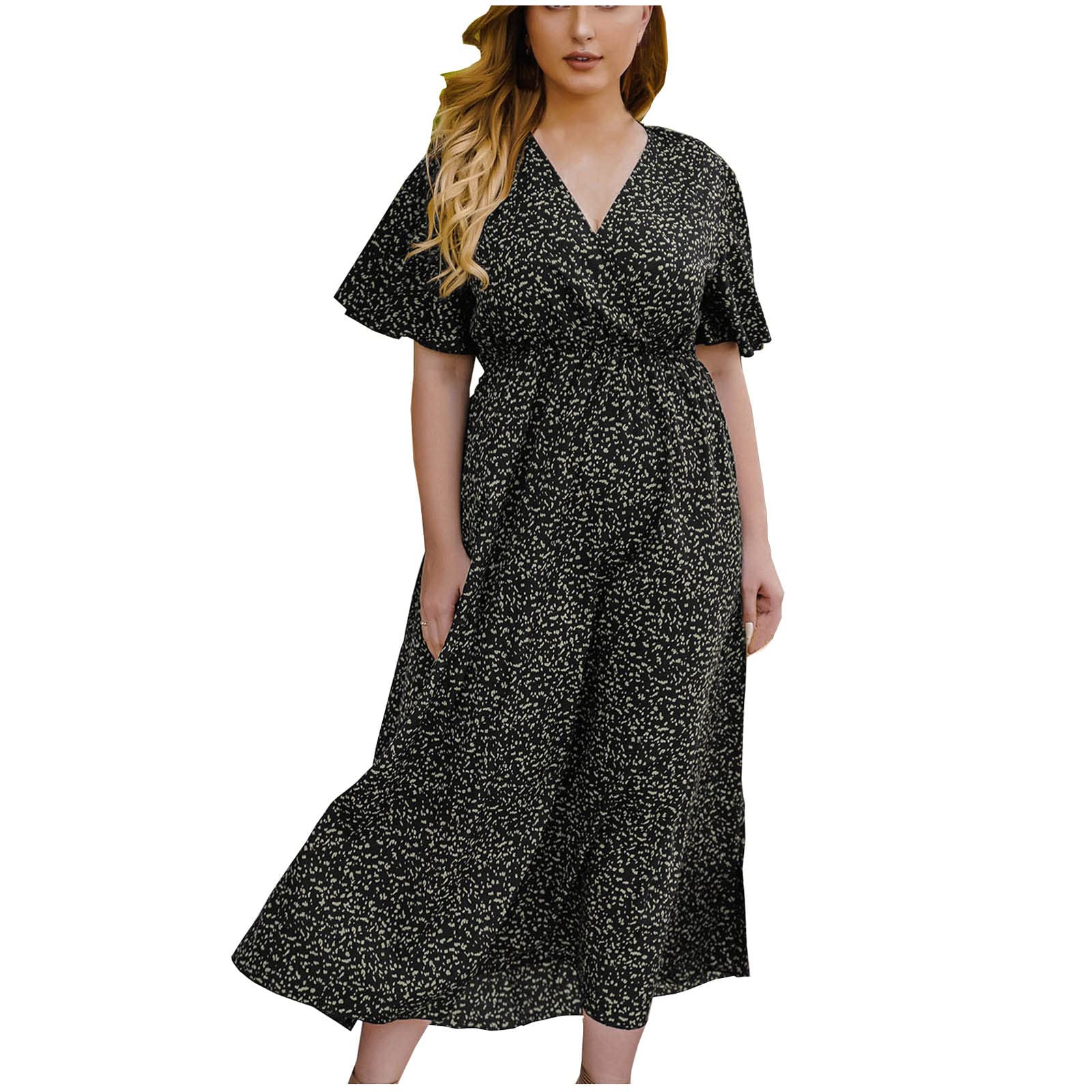 BONIXOOM Women's Plus Size Summer Dress - Casual Sexy V-Neck Bohemian Swing Dress with Floral Print for Wedding Guest, Beach Vacation & Date Night