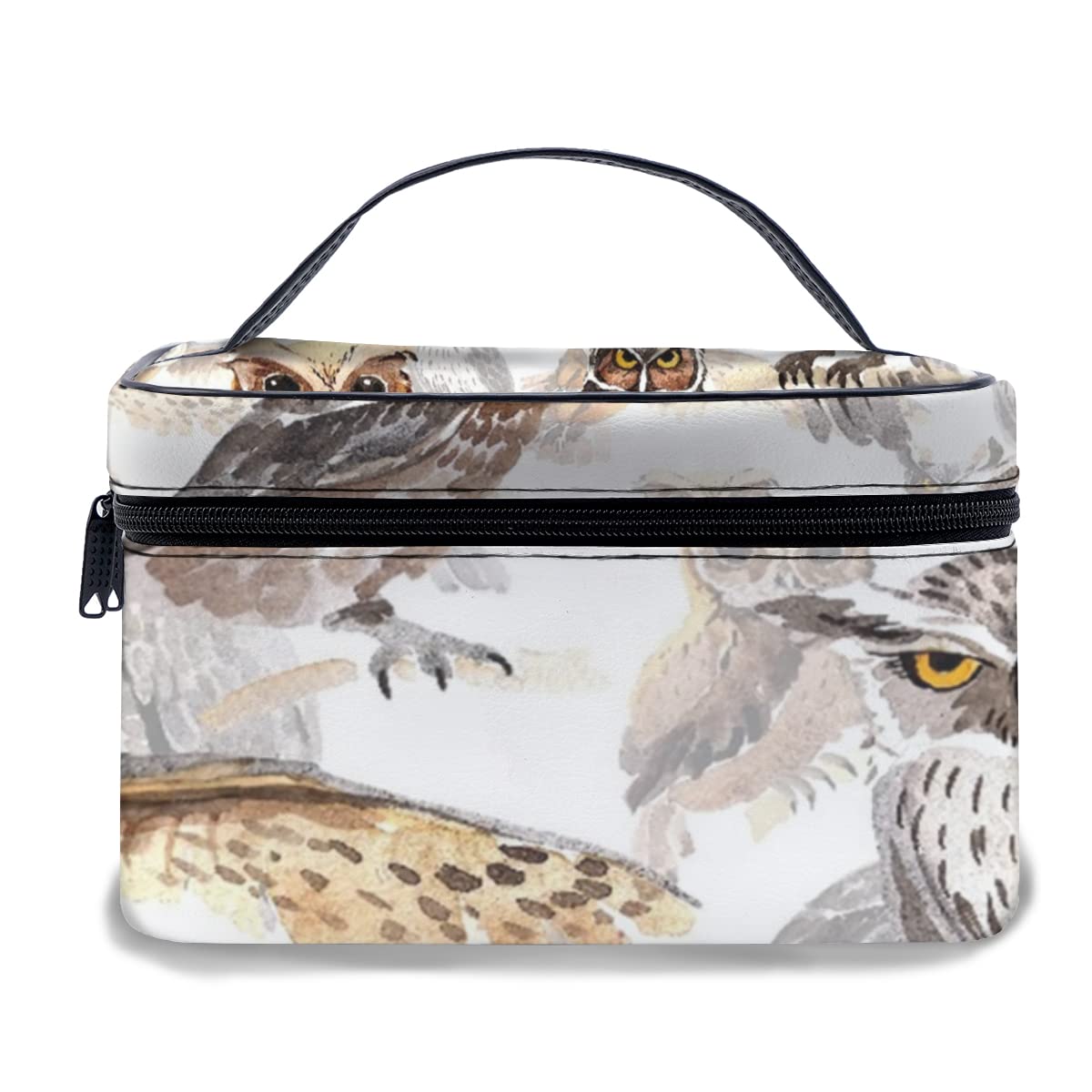 Waterproof PU Leather Makeup Bag - Large Travel Cosmetic Organizer with Owl Watercolor Design, Reusable Toiletry Bag for Women | Perfect for Travel, Gym, and Daily Use