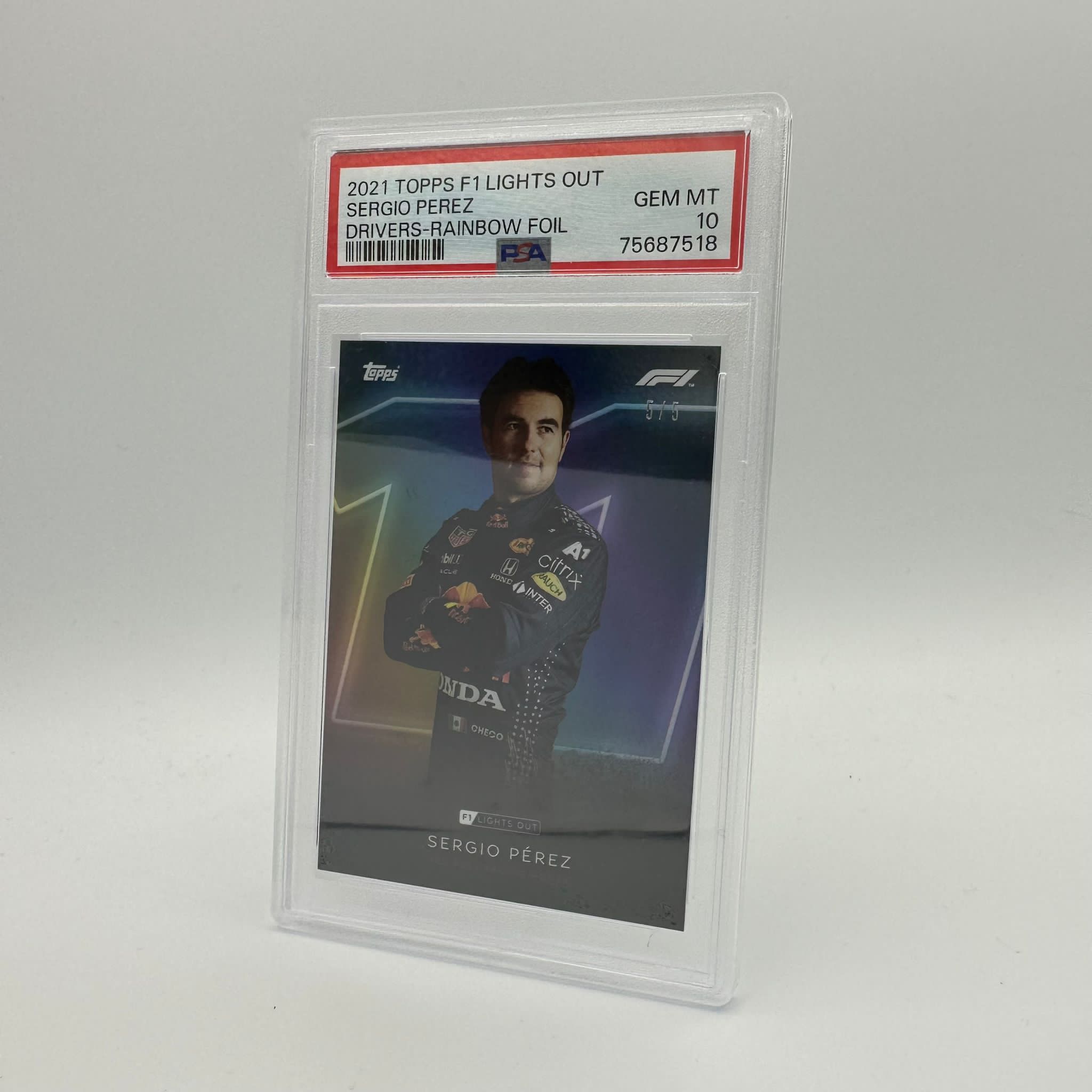 PSA 10 Sergio Perez 5/5 Drivers Rainbow Foil Trading Card - Perfect for F1 Collectors, Sports Memorabilia Enthusiasts & Racing Fans