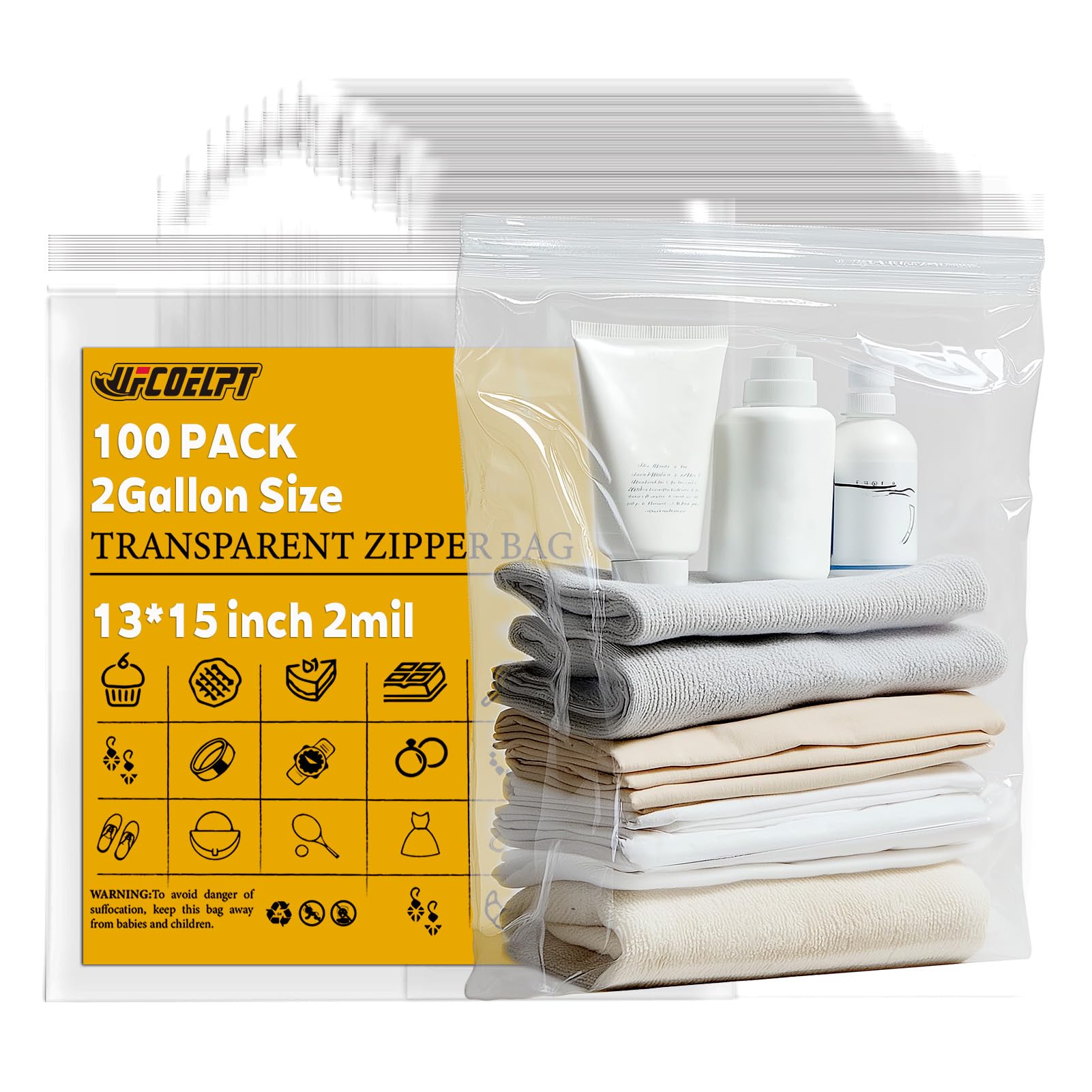 100 Pack 2 Gallon Reclosable Zipper Storage Bags - 13x15 Inches, BPA Free Food Grade Plastic (2 Mil Thick) for Kitchen, Freezer, Travel & Organization | Airtight Seal for Food Storage, Meal Prep, Shipping & Packing Supplies